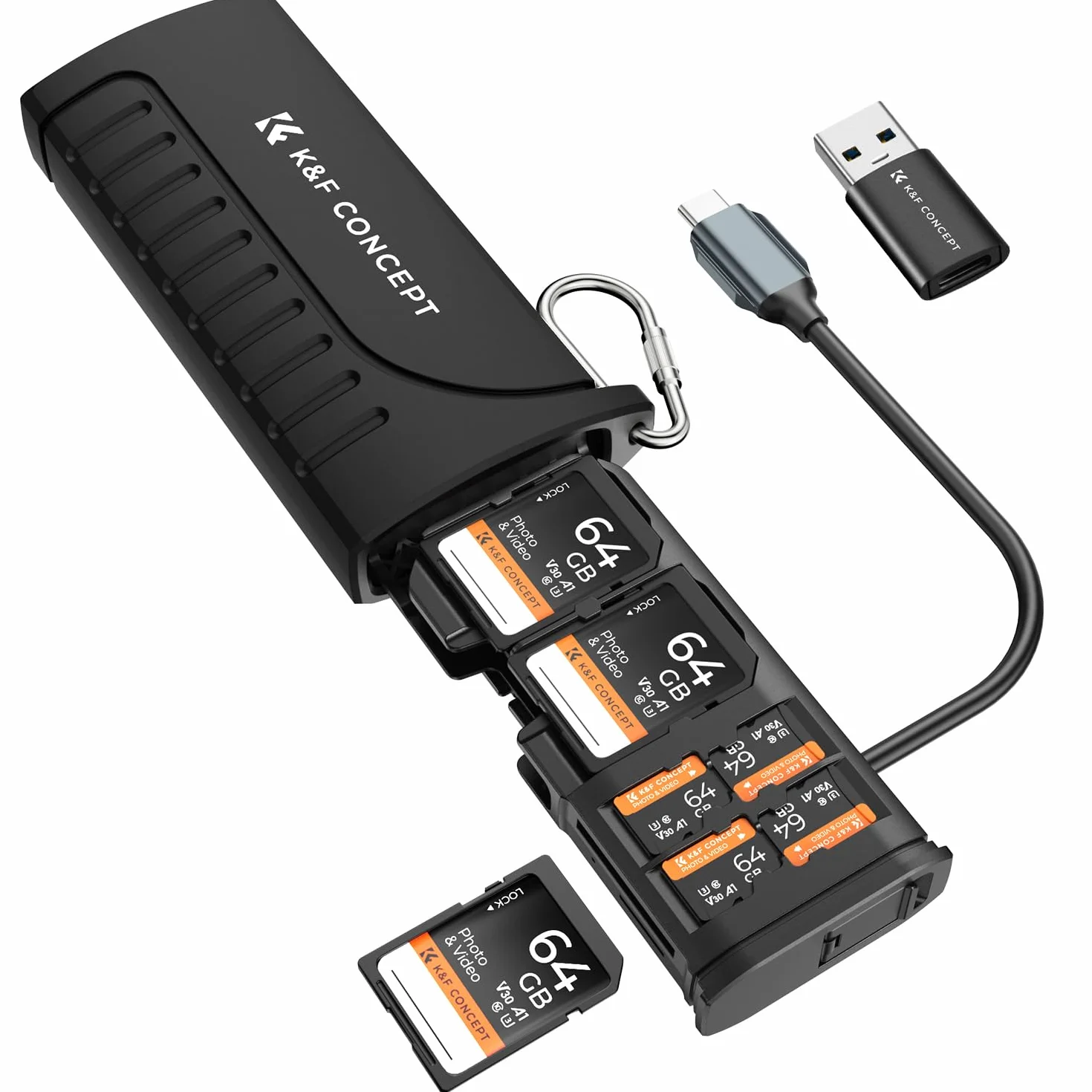 K&F CONCEPT Lector de Tarjetas USB3.1 con Estuche, 4X SD/6x TF/2x Nano SIM, Compatible con UHS-II (312MB/s). Caja portátil Impermeable y antigolpes para Tarjetas de Memoria