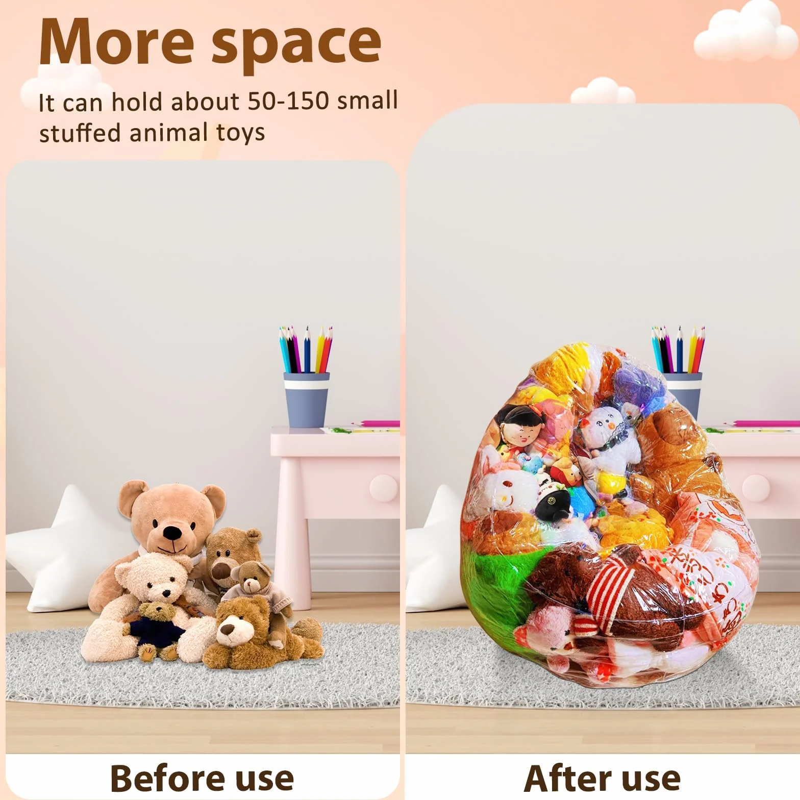 Funda de almacenamiento de juguetes de peluche 150 L transparente para silla de judías