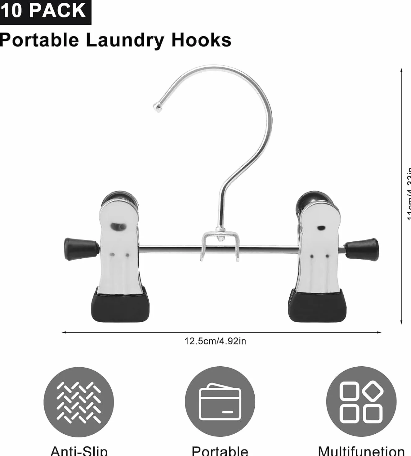 Gancho Colgante de Lavandería de Acero Inoxidable 10 Piezas con Pinzas Antideslizantes para Botas Pantalones Sombreros Negro