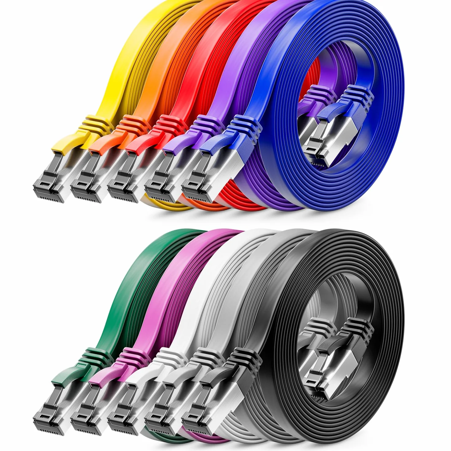 deleyCON 10x 2m CAT 8 Cable Red Plano (40 Gbit/s, Cobre) Gigabit Ethernet LAN - Cable Plano Delgado Largo - Conector RJ45 para CAT8 CAT7 CAT6 - Multicolor