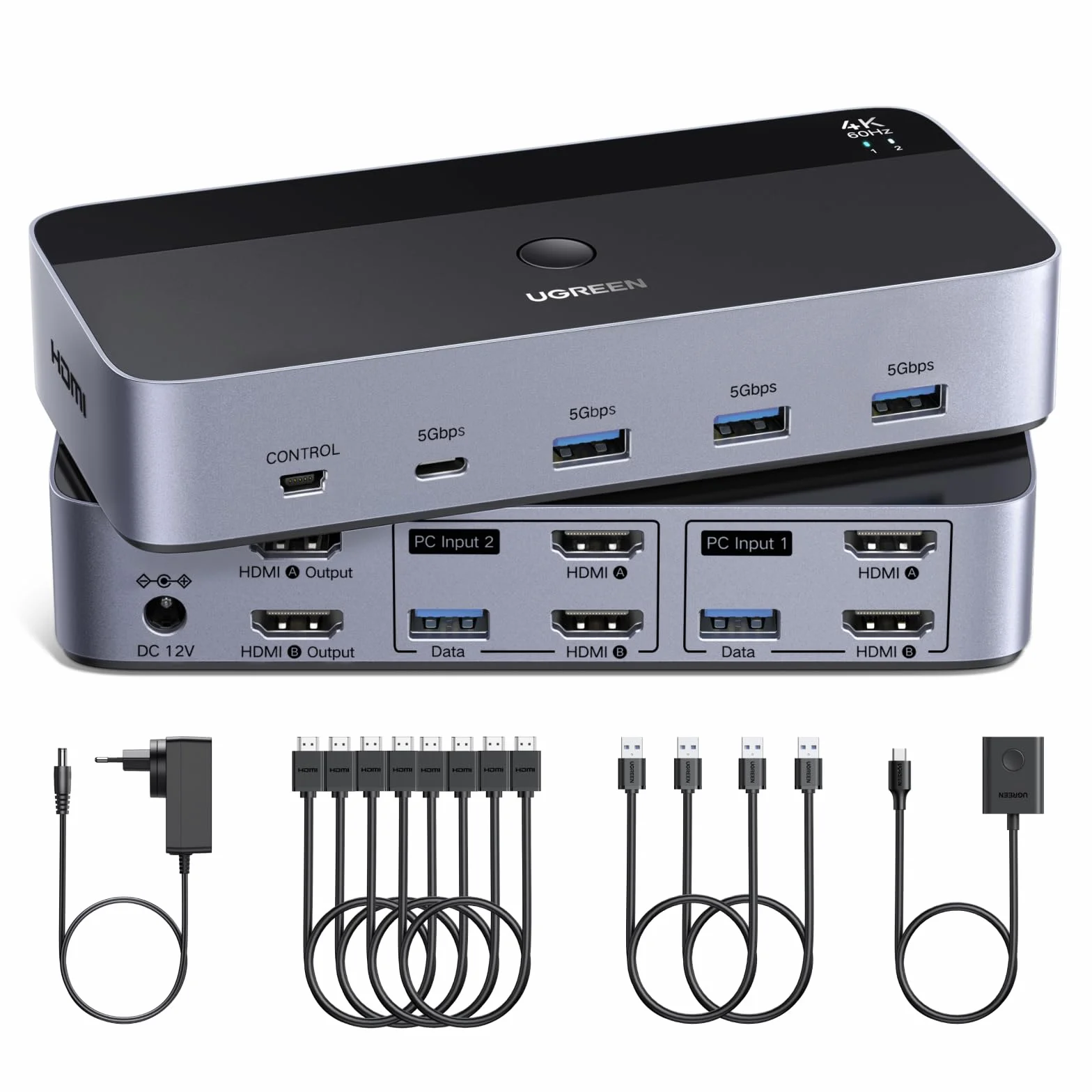 UGREEN Switch KVM HDMI 2.0 2 Entradas 2 Salidas 4K 60 Hz Conmutador KVM para 2 pc con 4 Puertos USB 5 Gbps para Teclado Ratón Disco Duro Controlador de Escritorio Compatible con Windows Linux macOS