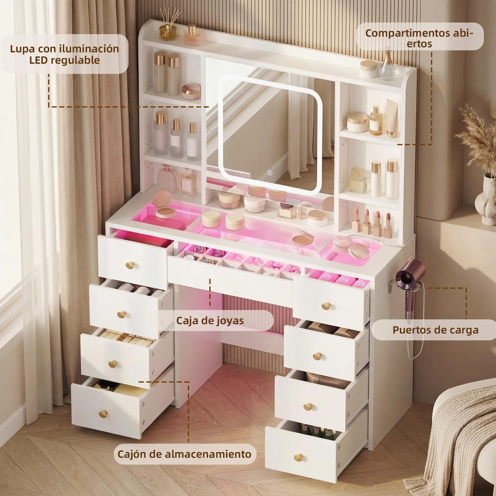 Tocador de Maquillaje con Luces LED Ajustables, Mesa con Espejo, 9 Cajones, 7 Estantes, Soporte para Secador, Blanco