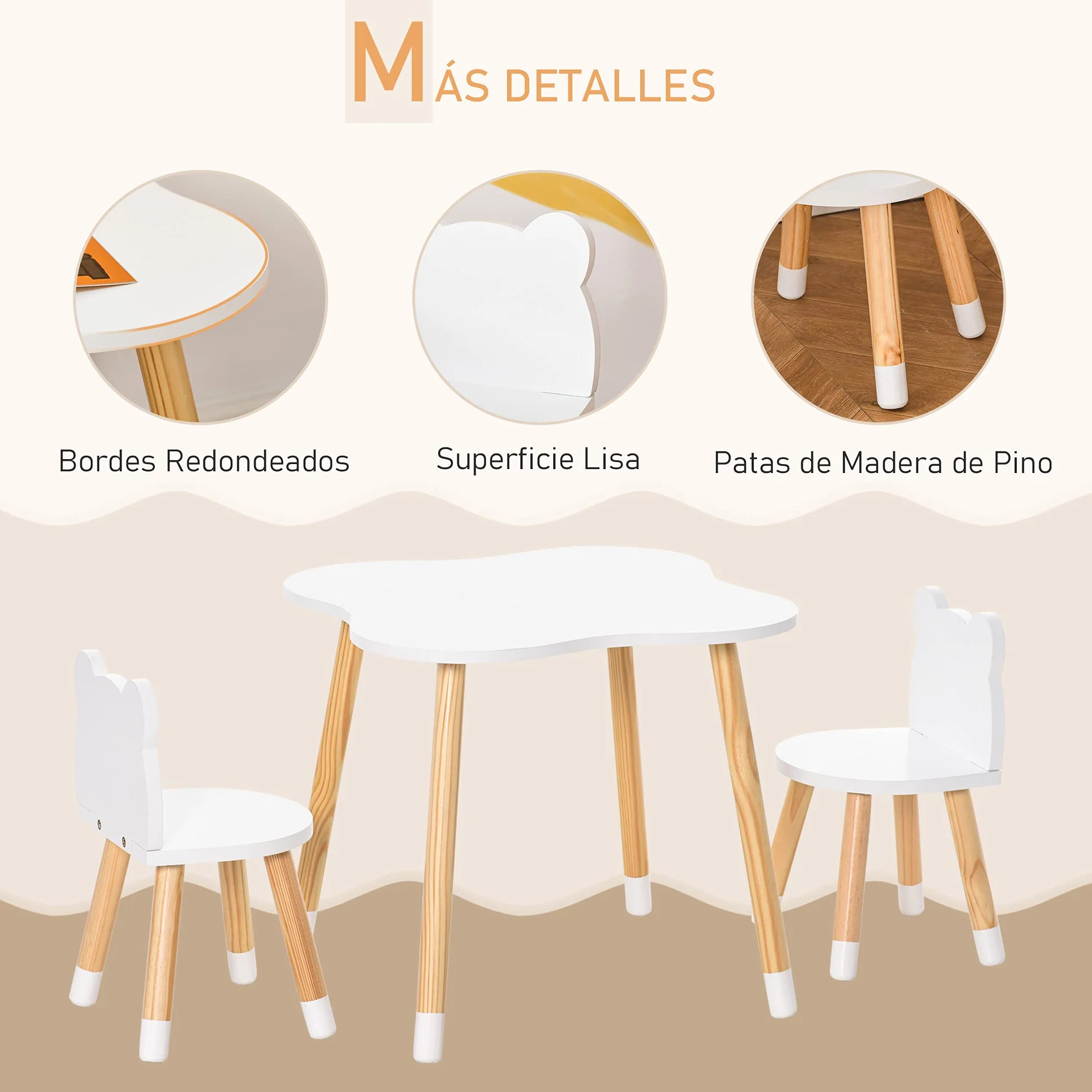 HOMCOM Mesa y Sillas Infantil de Madera para Sala de Juego y Dormitorio Natural y Blanco