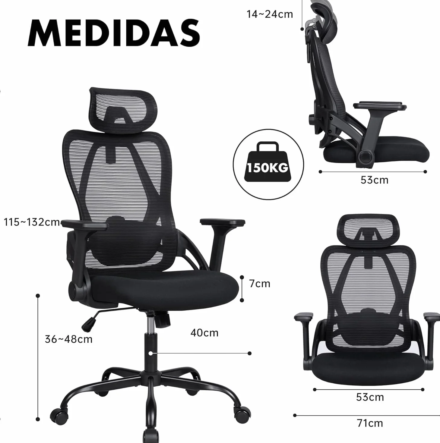 Silla de Oficina Ergonómica Profesional con Soporte Lumbar Ajustable, Reposacabezas Regulable, Reposabrazos 3D, Respaldo de Malla Transpirable, Ruedas 360º