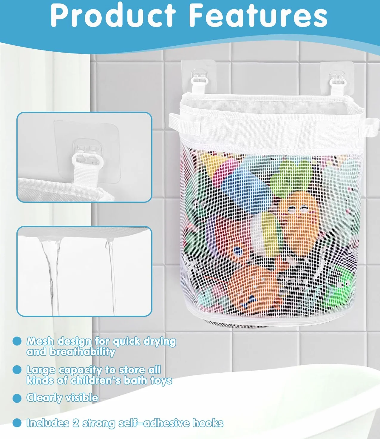 Bixury bolsa organizadora de juguetes para bañera malla 26,5×23,5×31 cm 2 ganchos autoadhesivos