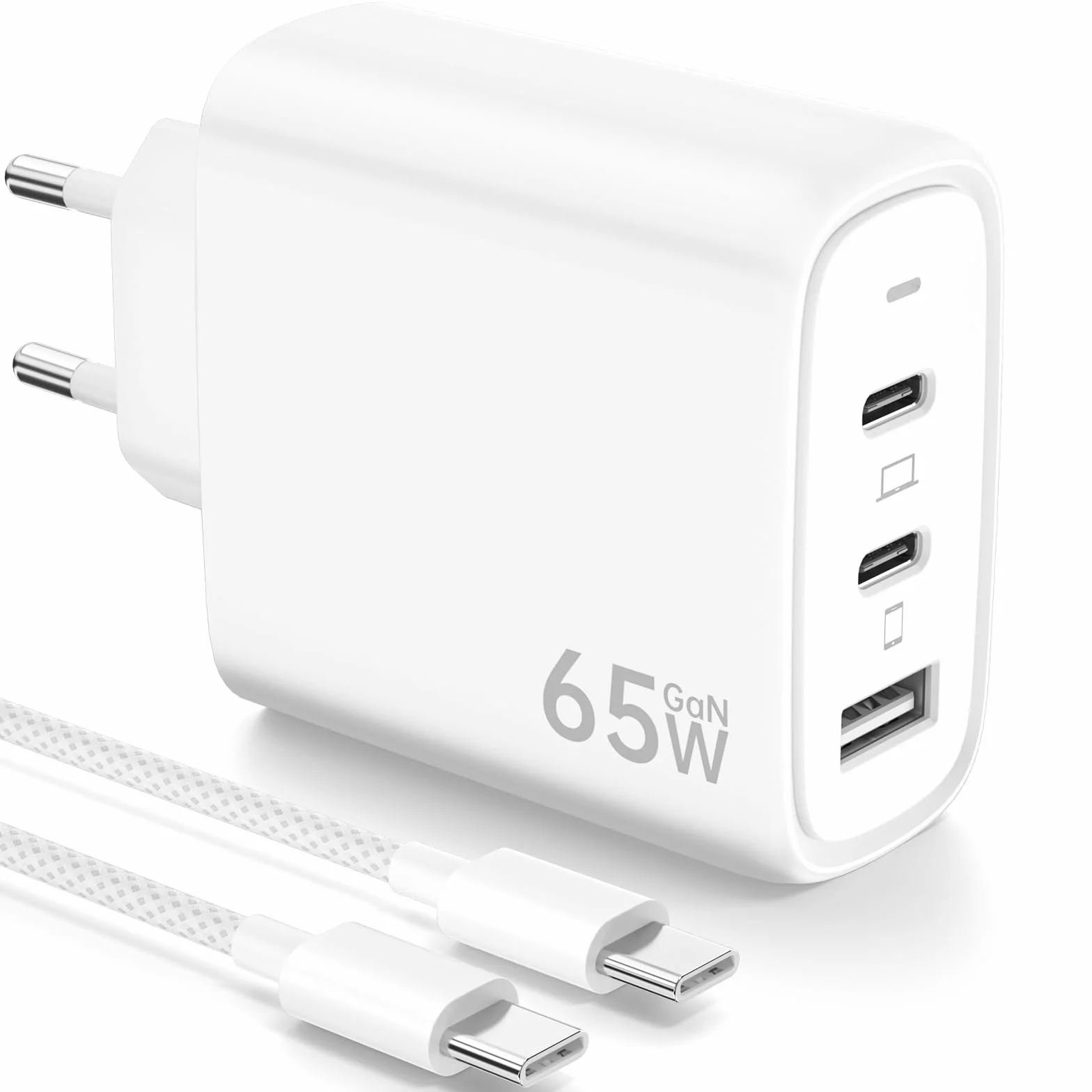65W Cargador USB C con GAN Tecnología, 3-Ports PPS USB Cargador Rápido, PD & QC3.0 Alimentación con Cable USB C 2m para iPhone 16 Pro/15 Plus, para Galaxy S24/23/S22, para MacB00k Pro/Air, etc