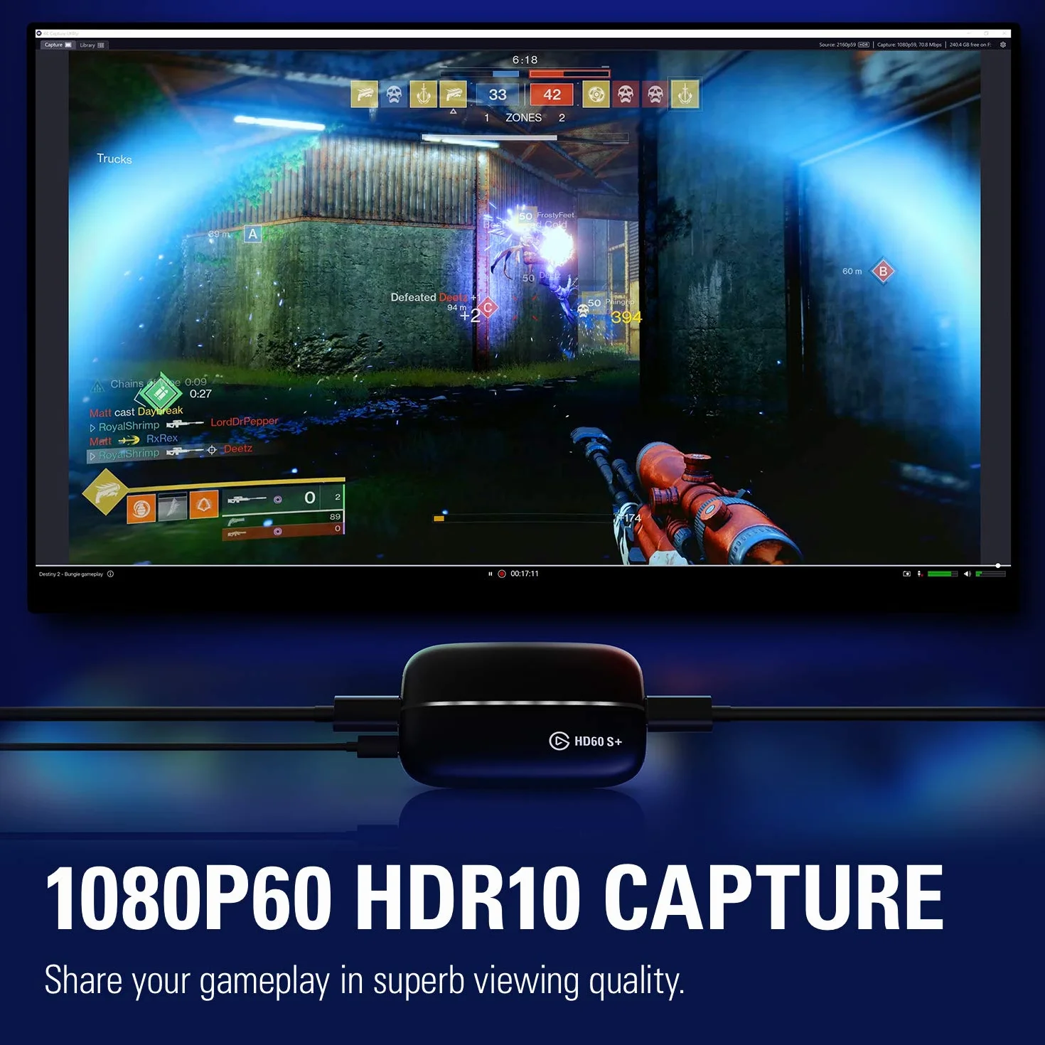 Elgato HD60 S+, capturadora externa, streaming y grabación a 1080p60 HDR10 o 4K60 HDR10 con latencia ultrabaja en PS5, PS4/Pro, Xbox Series X/S, Xbox One X/S, en OBS y otros, funciona con PC y Mac