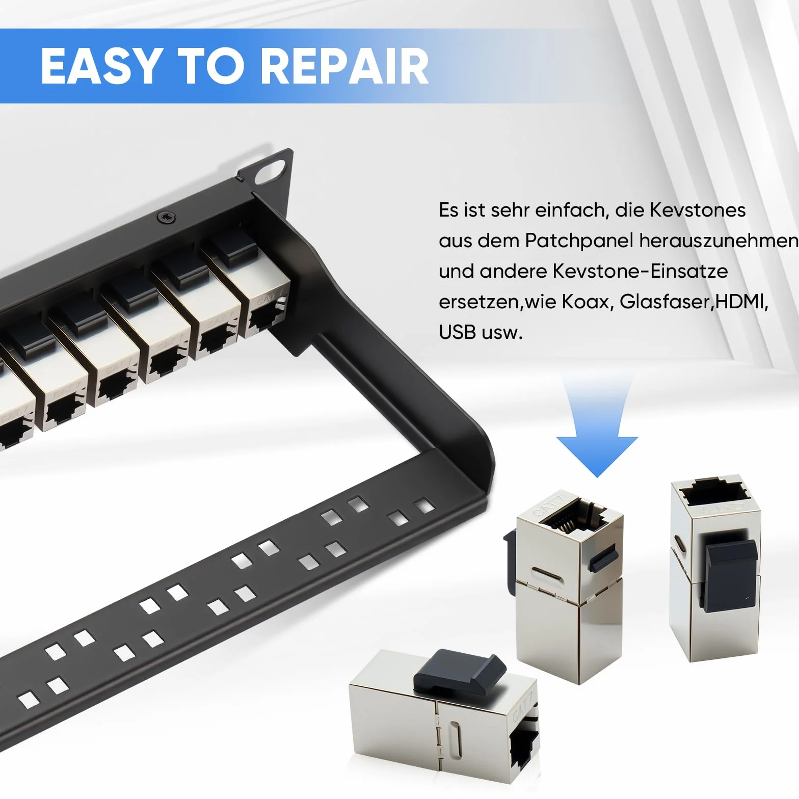 Panel de conexiones Cat 7, 1U 12 Puertos, panel de conexión Keystone de 10 pulgadas, panel de distribución LSA, acoplador Keystone blindado RJ45, compatible con cables de red Cat 7/6A/6/5e y Cat5