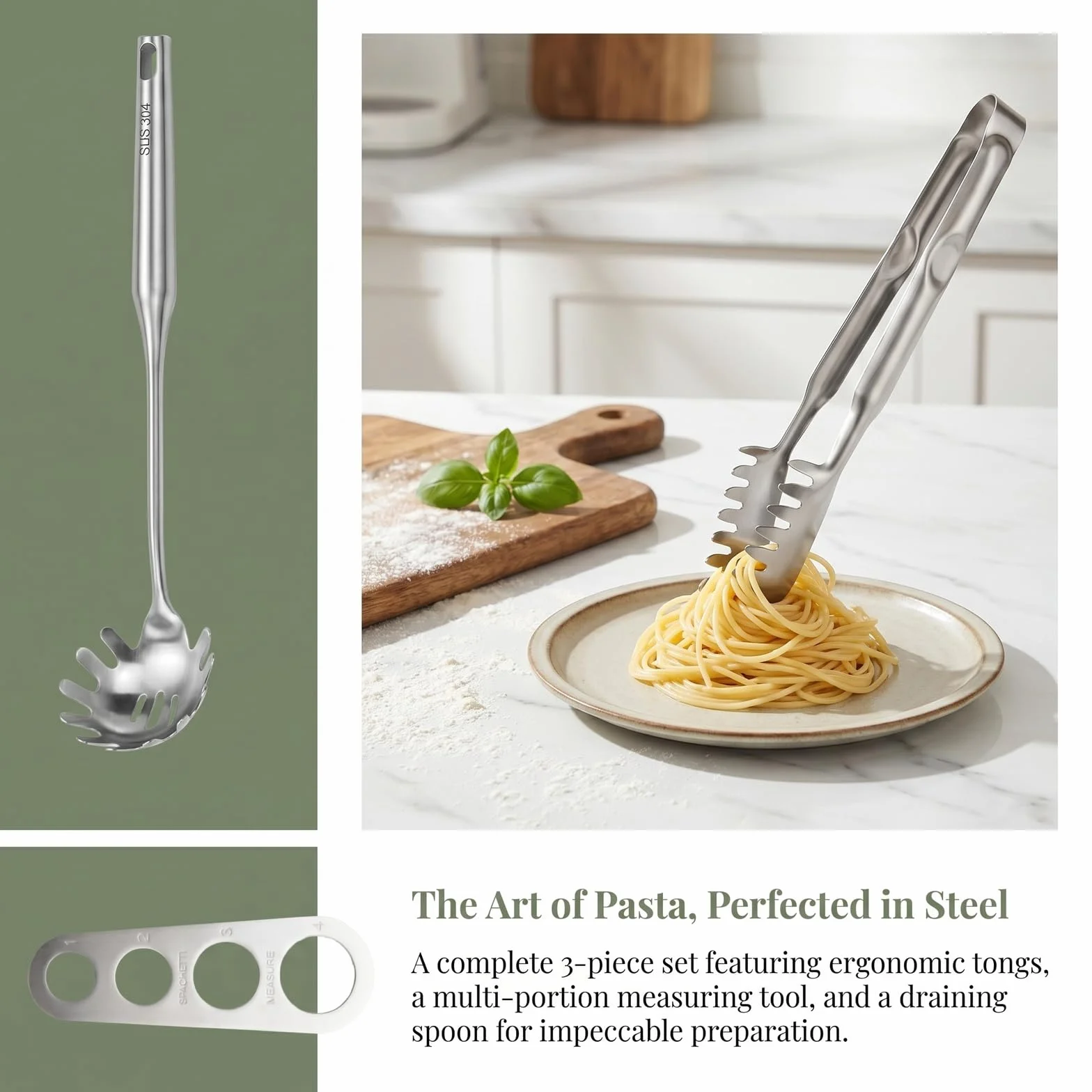 Juego de 3 Utensilios para Pasta de Acero Inoxidable 304 - Cuchara para Espaguetis, Pinzas Dentadas y Medidor de Raciones