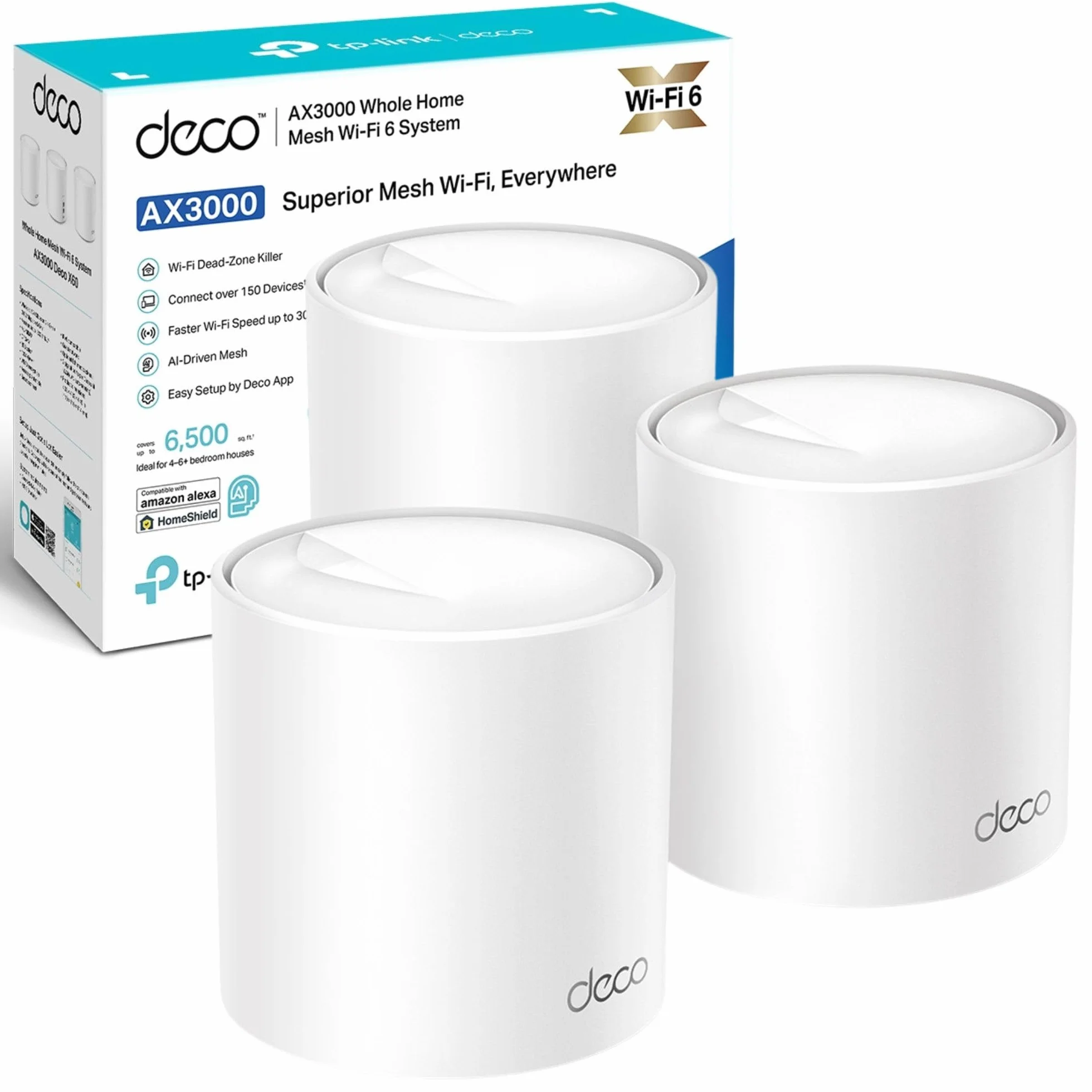 TP-Link Deco X50 AX3000 Whole Home AI-Driven Mesh Wi-Fi 6 System, Dual-Band with Gigabit Ports, Coverage up to 6,500 ft2, Connect up to 150 devices, 1 GHz Dual-Core CPU, HomeShield Security, Pack of 3