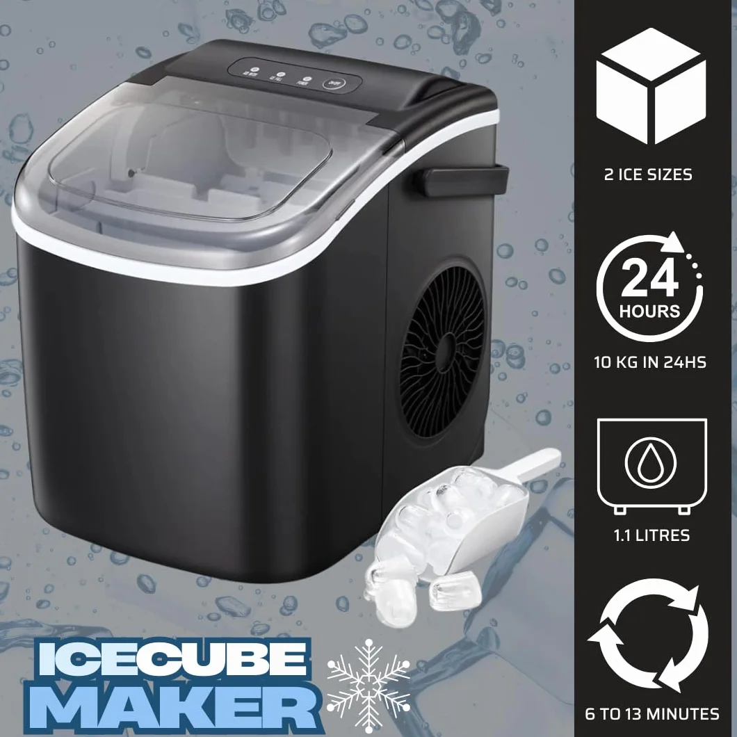 Máquina de Hielo Ice Cube Maker 10 kg/día Cubitos Tipo Bala Bajo Ruido Ventana Visible Asa Integrada Drenaje