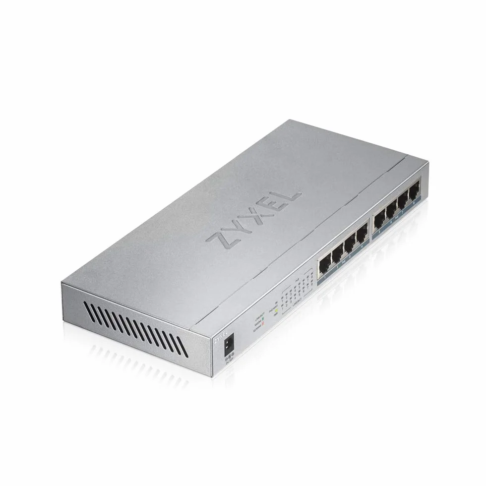 Zyxel Conmutador Gigabit de 8 Puertos | No Administrado | 8X PoE+ 60W | Divisor de Red LAN | Ethernet Network Splitter [GS1008HP] | 8x Puertos PoE+ con 60W de Presupuesto, Sin Ventilador, Indicadores LED, Kit de Montaje en Pared Incluido