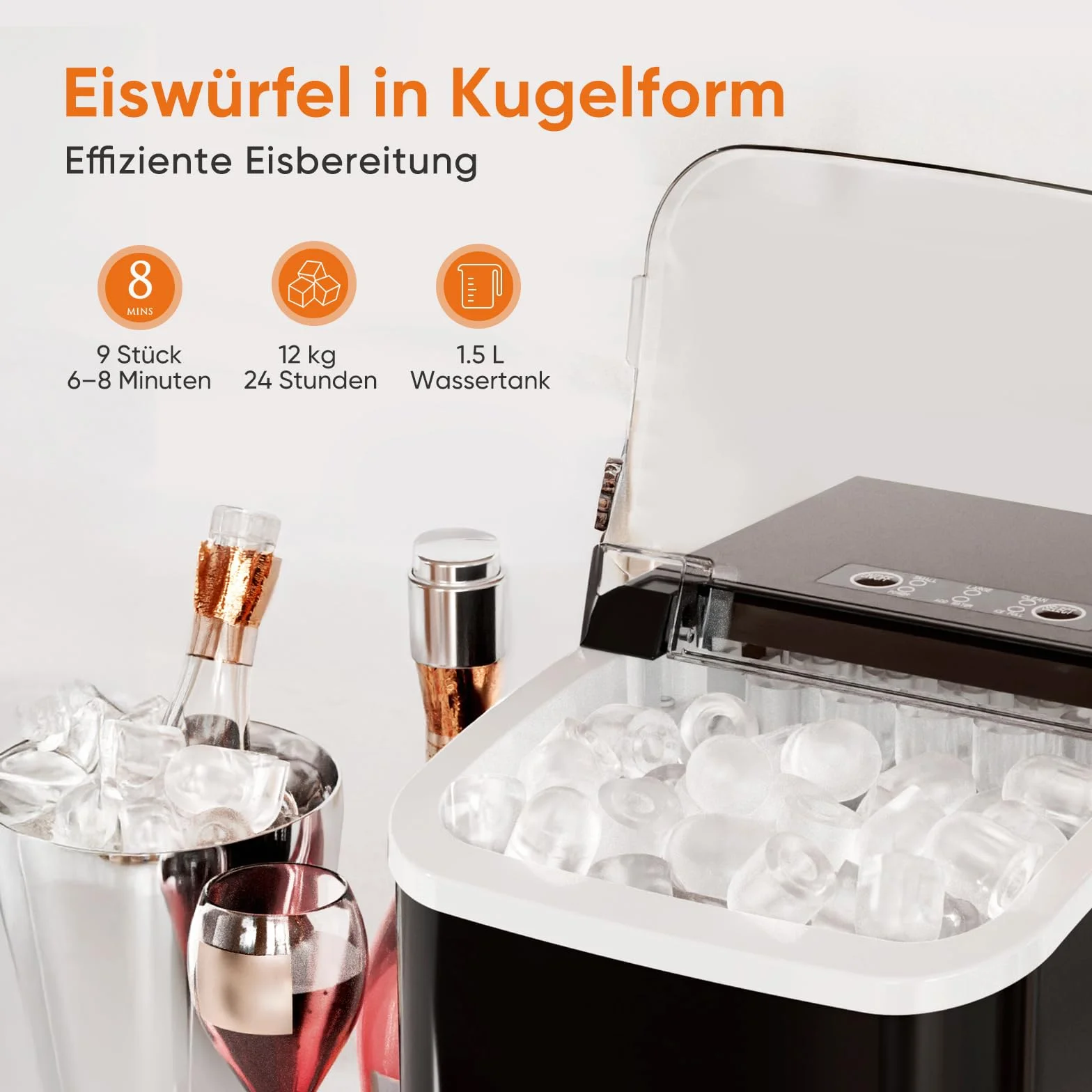 Sweetcrispy Máquina de hielo autolimpiante compacta 9 cubitos 6 min 12 kg/24h 2 tamaños cocina bar negro