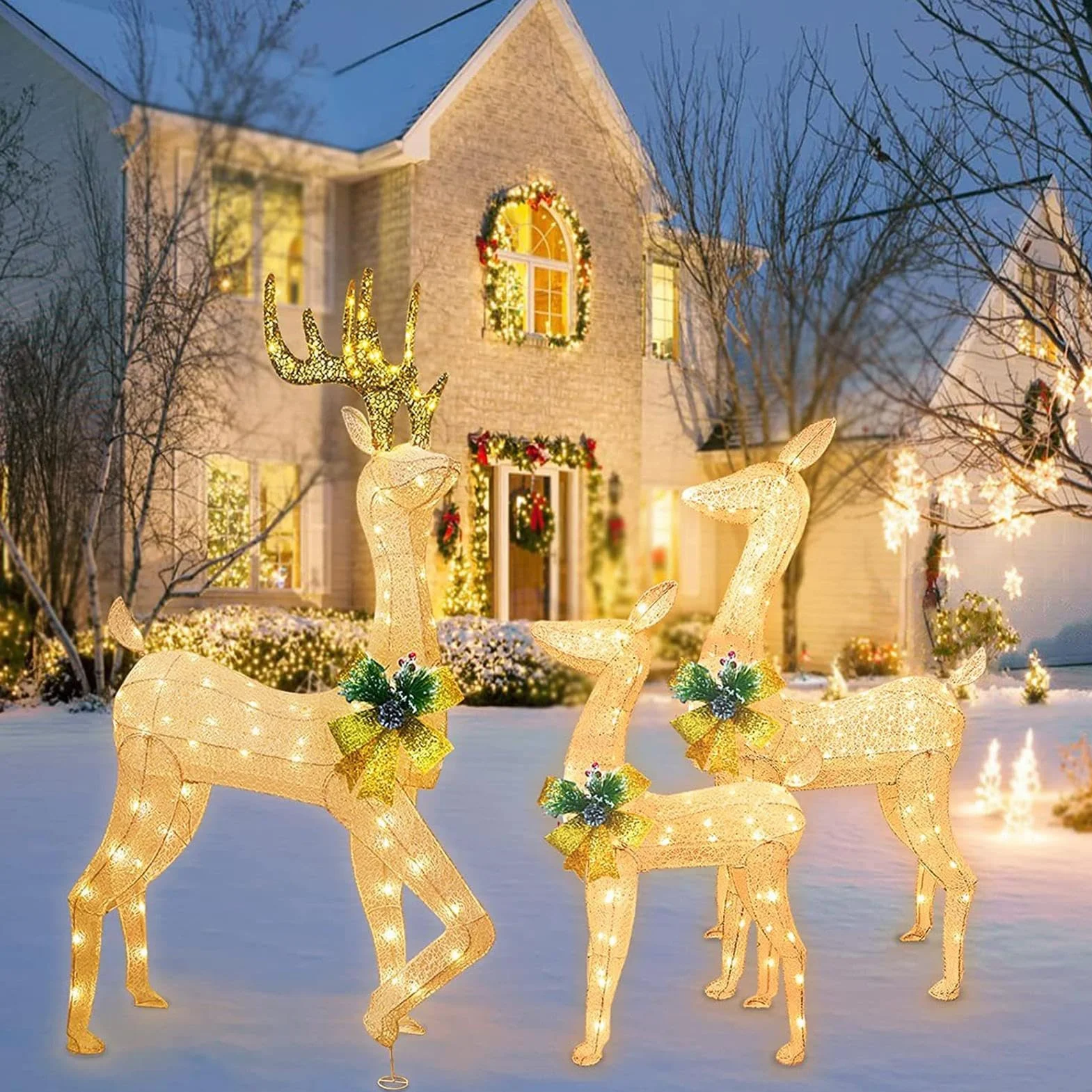 Decoración navideña de Reno con Luces LED, Juego de Ciervos de Navidad para Exteriores, 3 Piezas