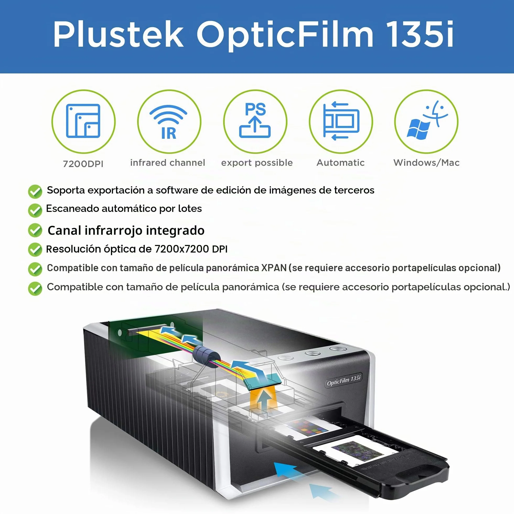 Plustek OpticFilm 135i Escáner automático de películas y diapositivas 35 mm