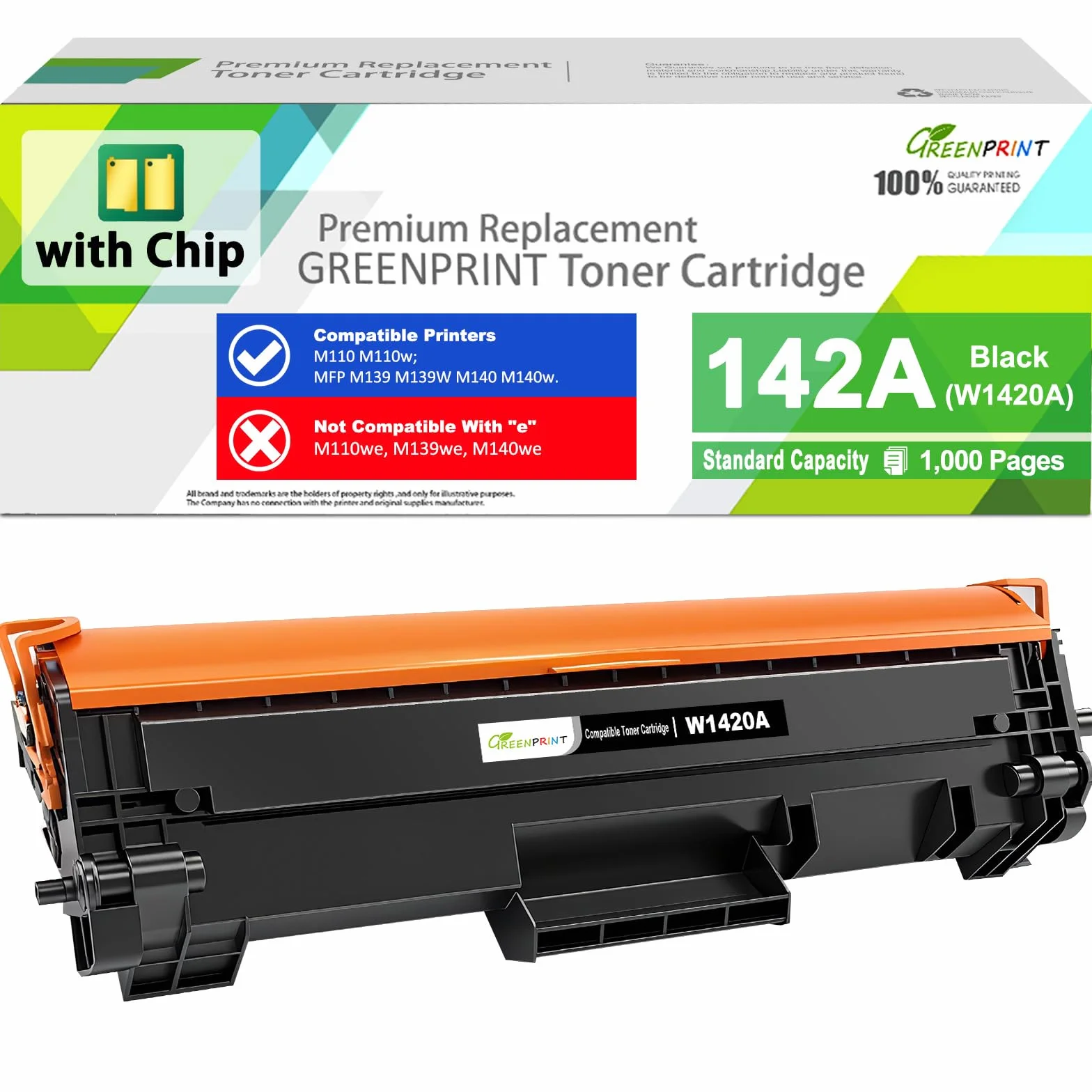 CON CHIP 142A W1420A Cartucho de Tóner Compatible 1000 Páginas Capacidad Estándar Negro para H P LaserJet M110 M110w MFP M139 M139w M140 M140w Impresoras, No Funciona H P + Modelo que Termina en "e"