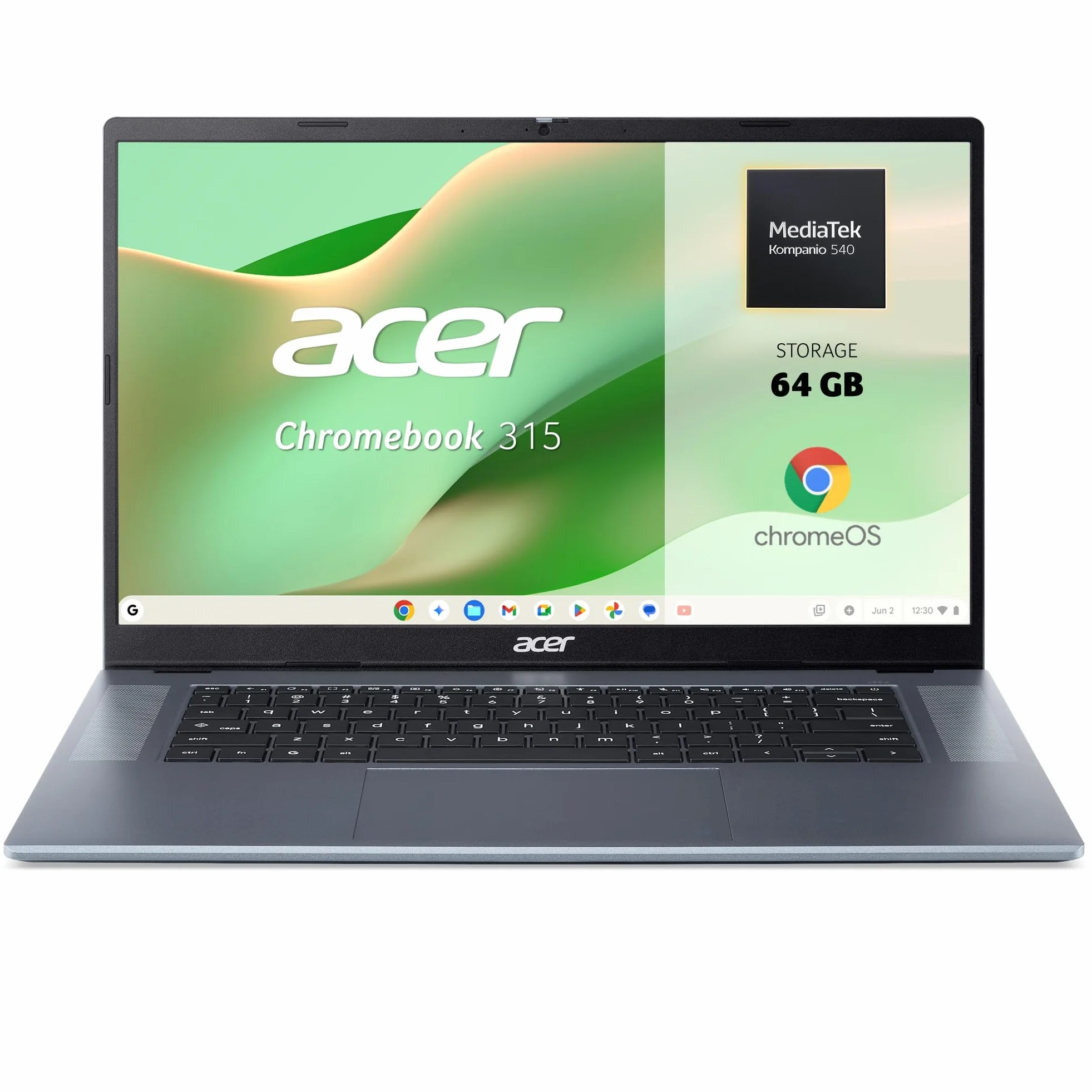 Acer Chromebook 315 CB315-8H - Ordenador Portátil 15,6" FullHD (MediaTek Kompanio 540, 4GB RAM, e-MMC 64, ChromeOS) Plata, QWERTY + 3 Meses de Google AI Pro con Gemini Pro y 5TB de Almacenamiento