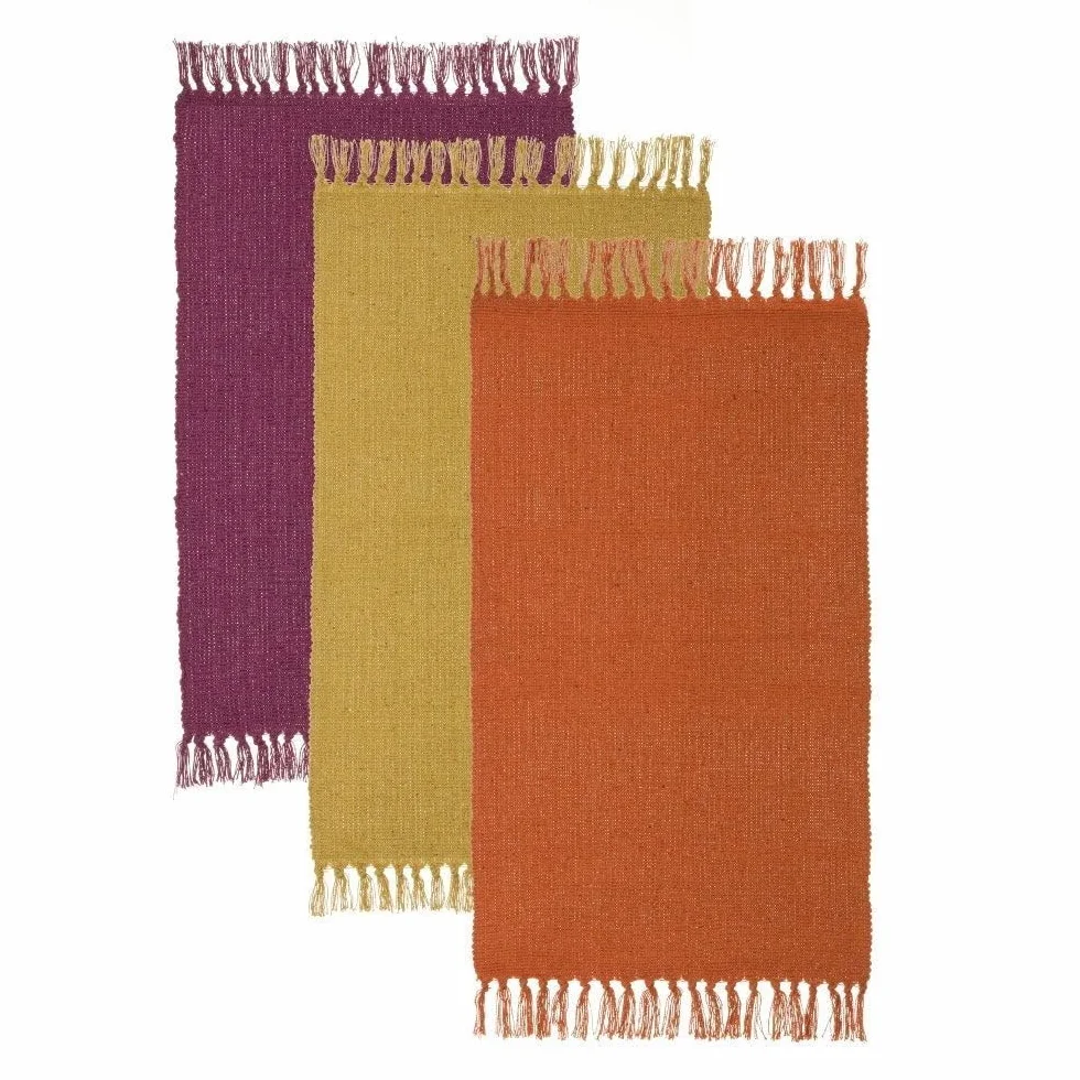 LOLAhome - Set de 3 alfombras de Flecos en algodón Natural de 50x80 cm Colores Burdeos y Mostaza. Tejido Artesanal de Temperatura Neutra Que Ofrece Confort y Estilo en Cualquier Estancia.