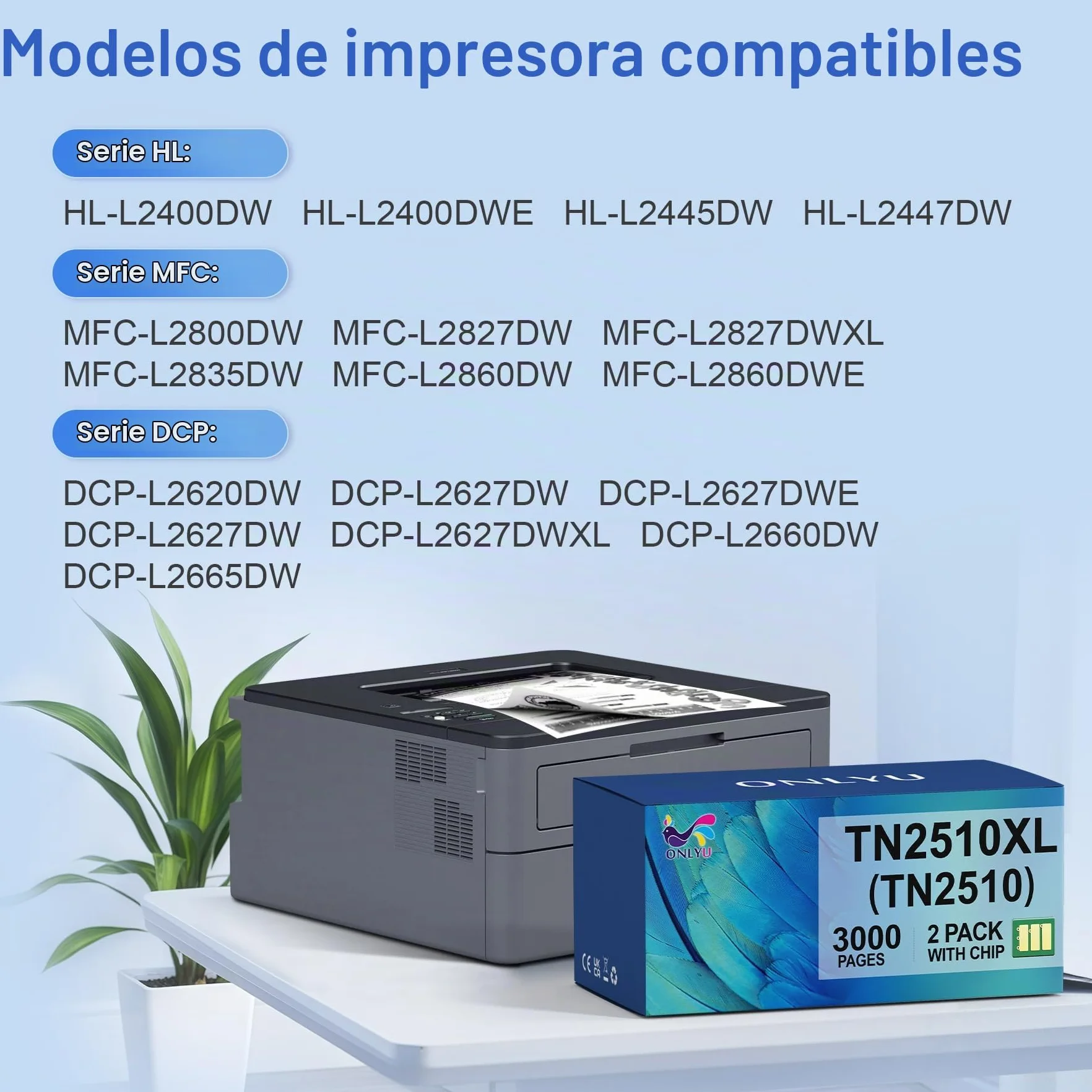 ONLYU TN2510 TN2510XL TN 2510XL TN-2510 XL HL-L2400DWE HL-L2400DW Toner | Compatible con Brother HL-L2445DW DCP-L2627DWE MFC-L2800DW DCP-L2660DW DCP-L2665DW MFC-L2827DWXL MFC-L2860DWE (2 Negro)