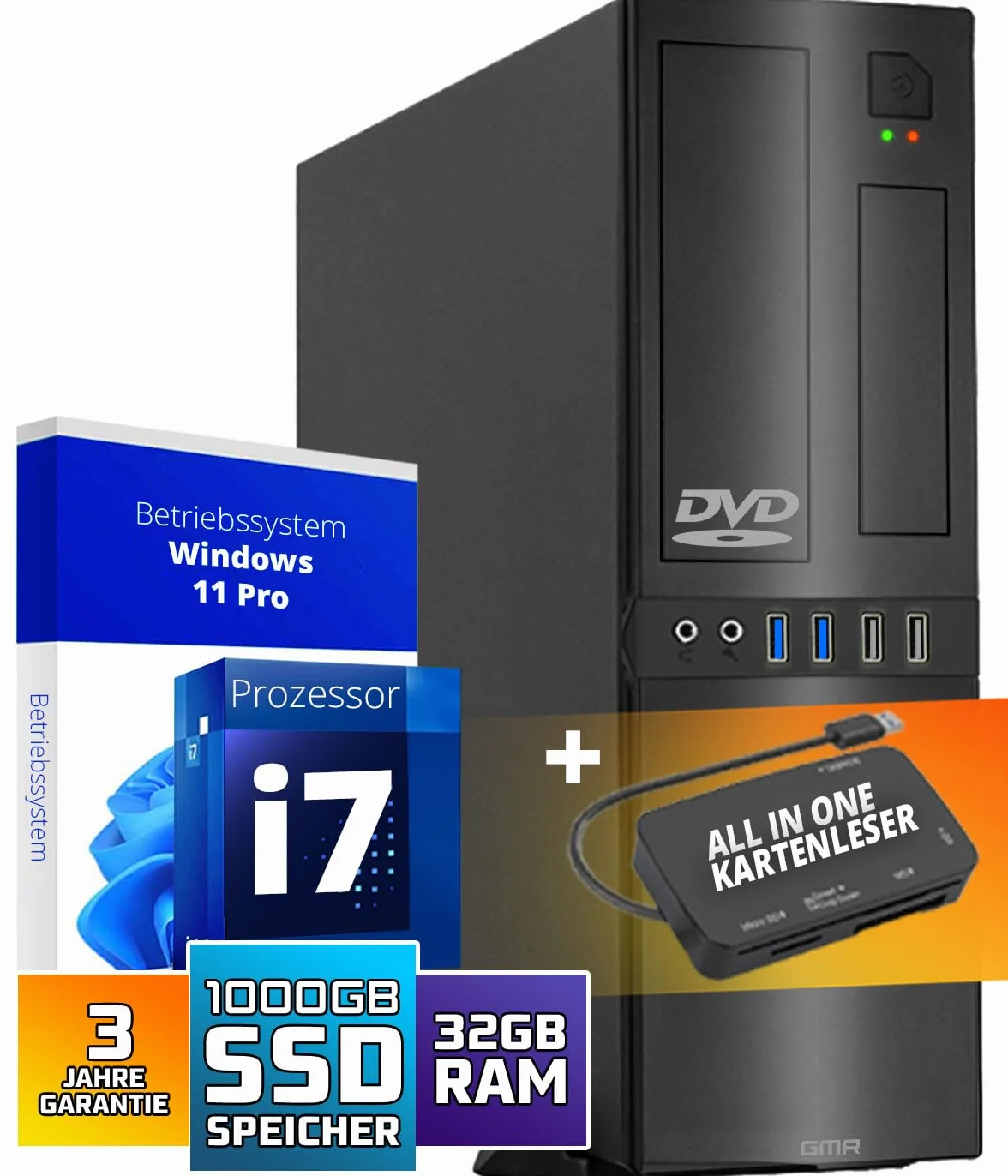 GMR Ultra Slim i7 Office PC, Computadora de Oficina de Negocios, garantía de 3 años, 32 GB RAM, 1000 GB SSD, DVD±RW, USB 3, Windows 11 Prof, WiFi Bluetooth