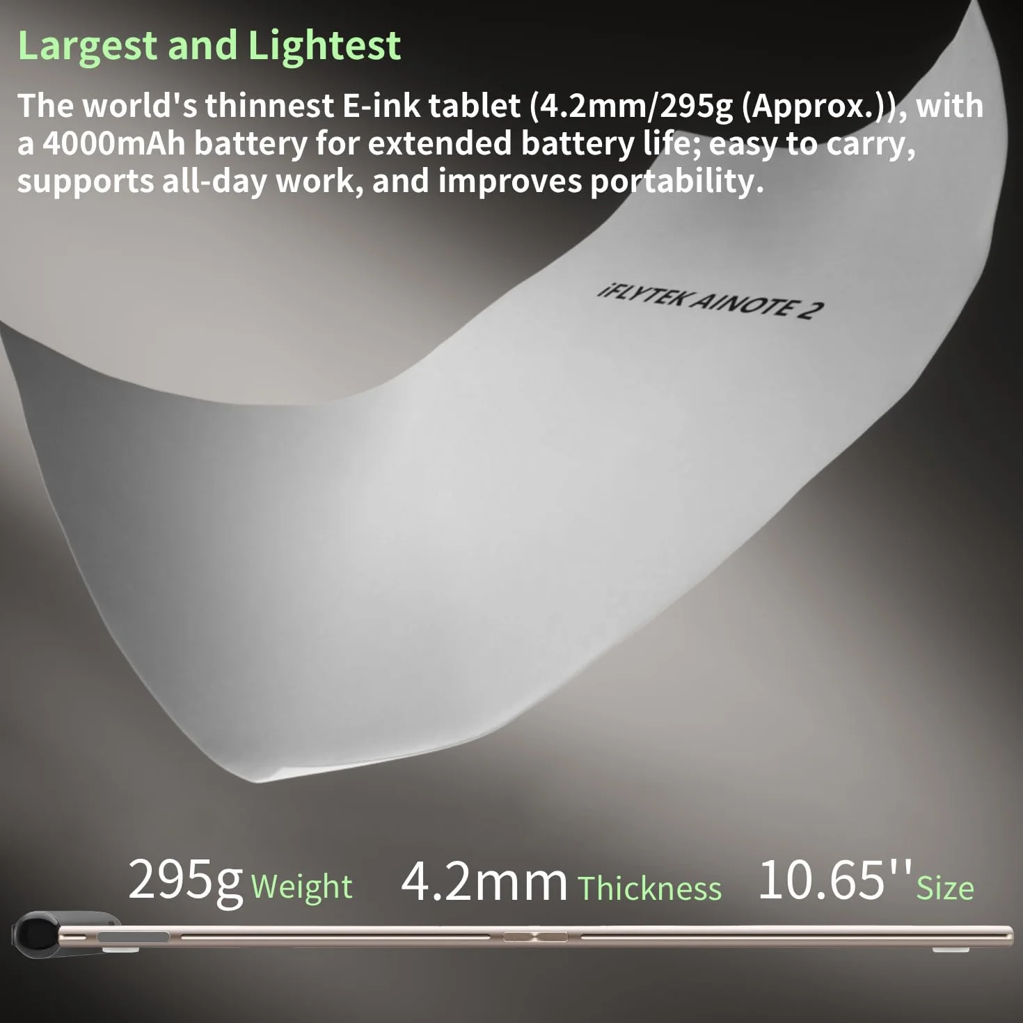 iFLYTEK AINOTE 2 Smart E-Ink Tablet de 10,65 pulgadas | Bloc de notas digital ultrafino para profesionales | Transcripción de IA, traducción y resumen de reuniones | <20 ms de latencia de escritura