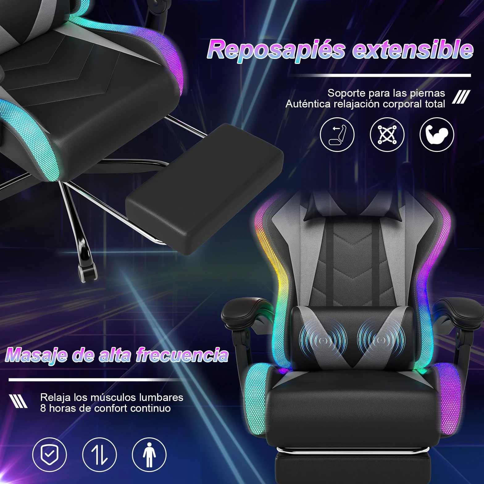 Devoko Silla Gaming con Masajeador y LED Ergonómica Oficina Reposapiés Iluminación RGB (Gray)