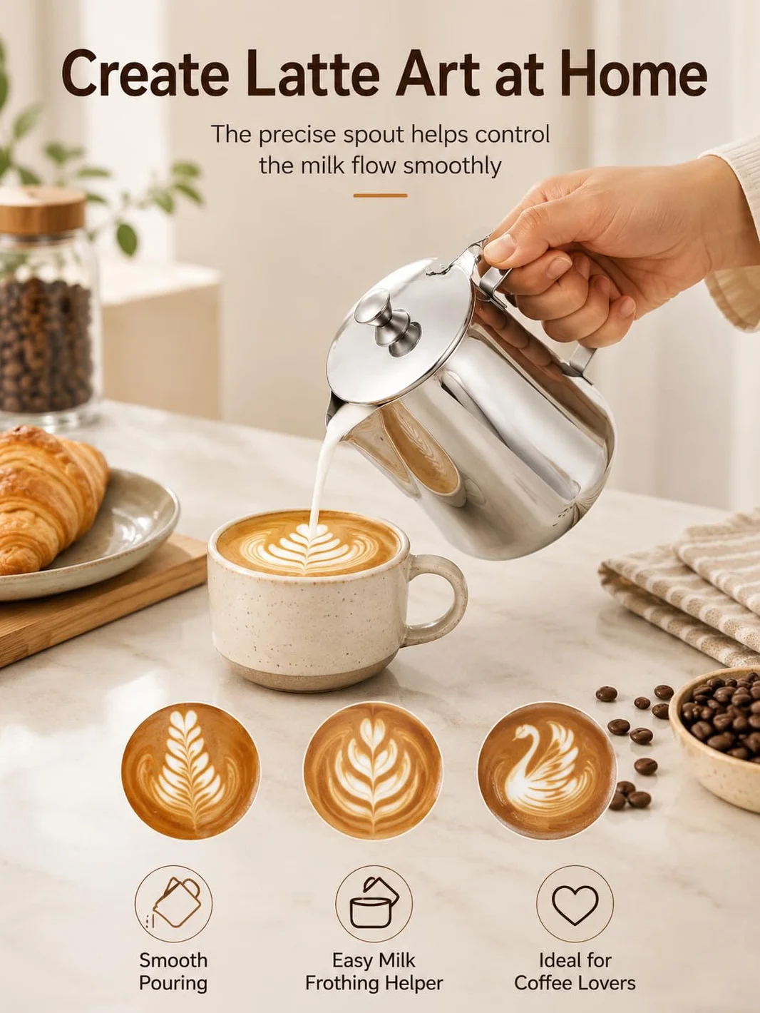 VOBOR Jarra de Espuma de Leche Acero Inoxidable 350ML Vaso Espumador para Capuchino Espresso Latte