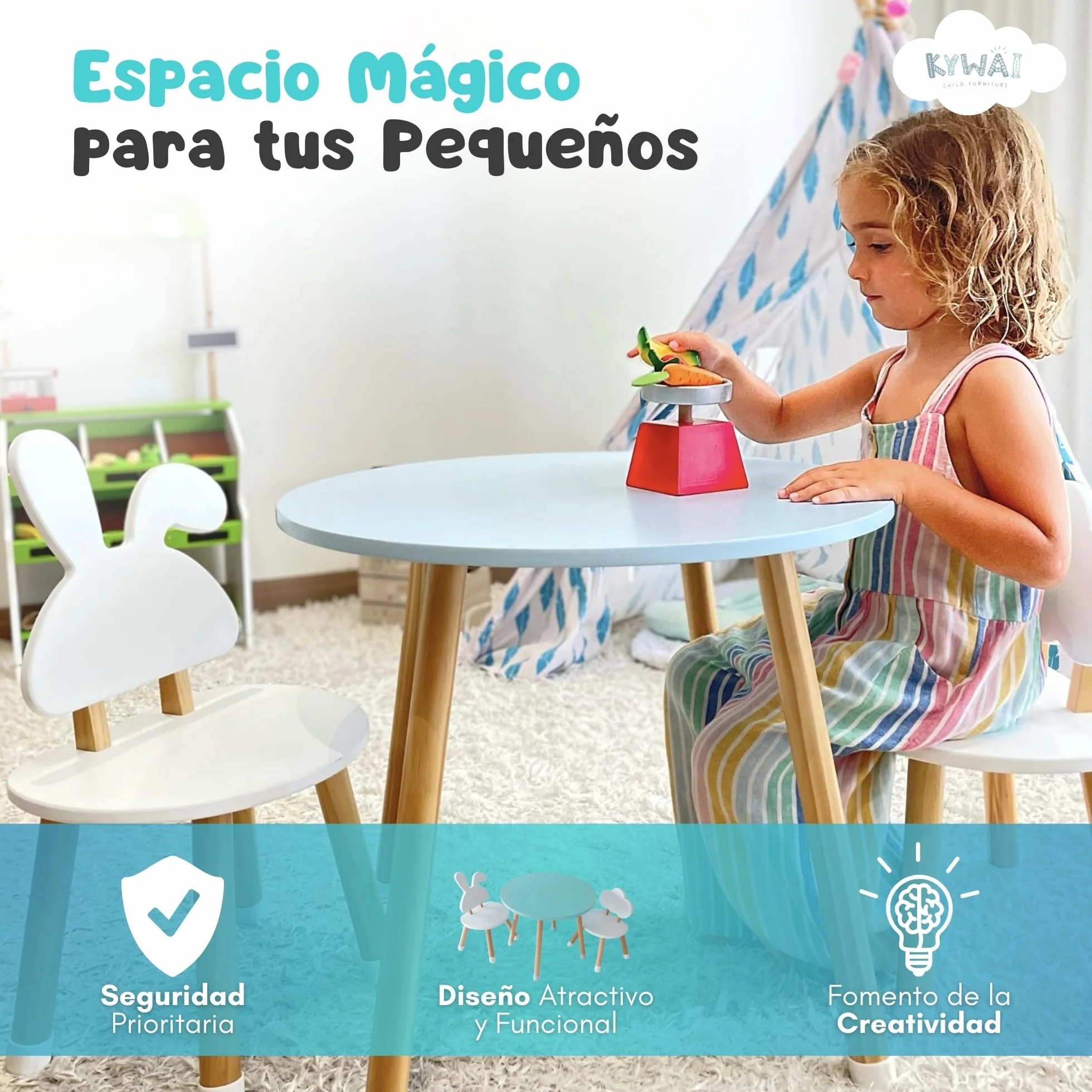 Mesa y Silla Infantil Madera Pino Conjunto Mesa Redonda 2 Sillas Blanco