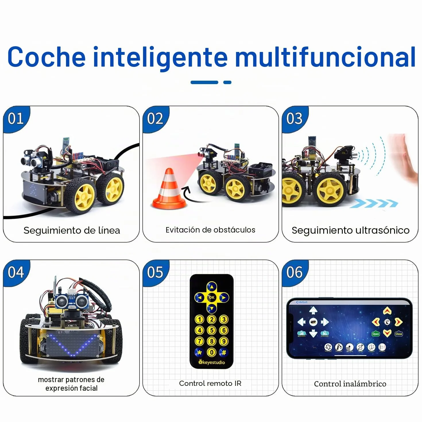 KEYESTUDIO Kit de Arranque de Coche 4WD Car Kit para Arduino IDE, Control Remoto Bluetooth IR, Seguimiento de línea, evitación de obstáculos, etc. Kit de robótica de programación para 14+ Adolescente