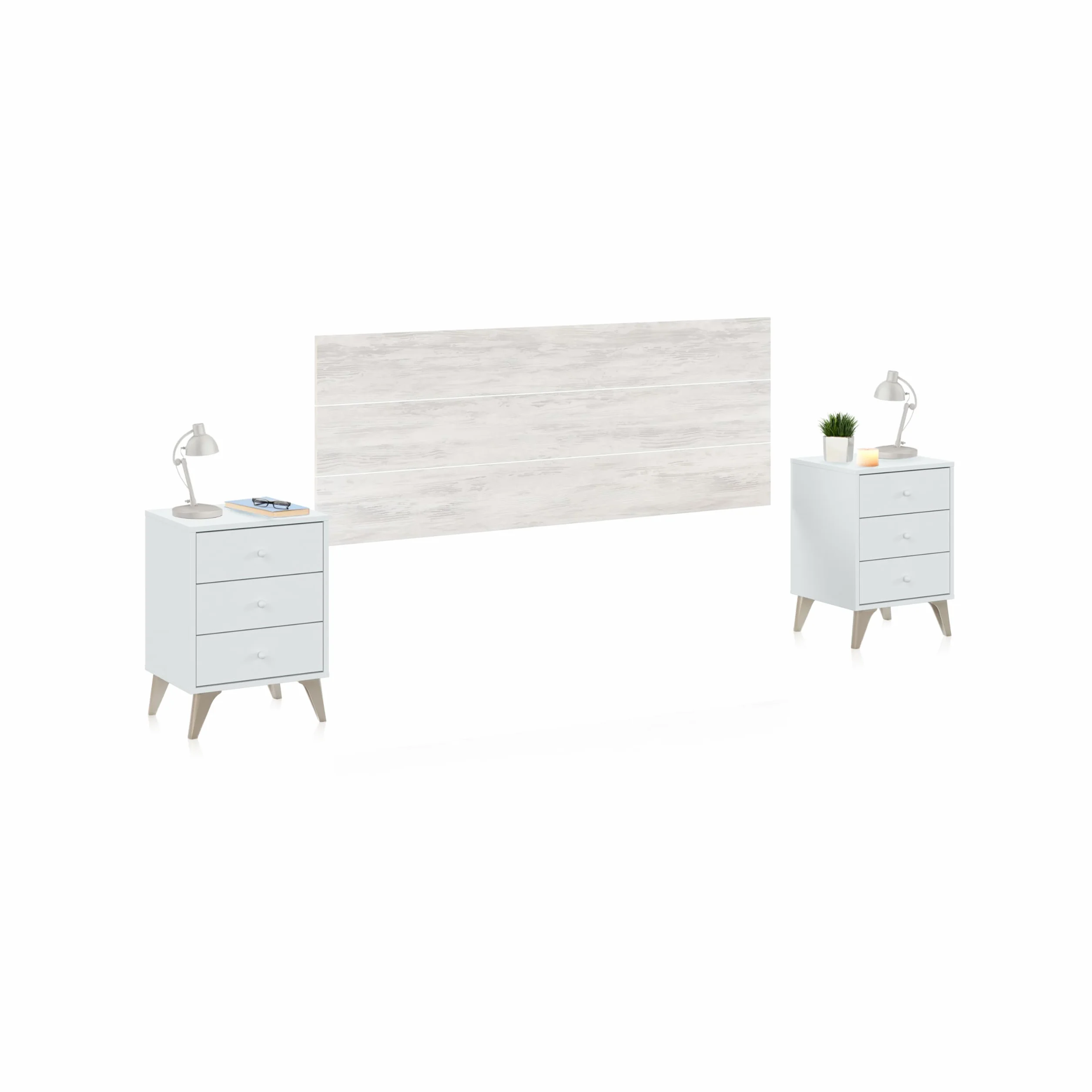 duehome | Pack Cabecero y 2 Mesitas de Noche, Dormitorio Doble, Dormitorio Completo, Modelo Iconic, Acabado en Blanco Artik y Blanco Velho