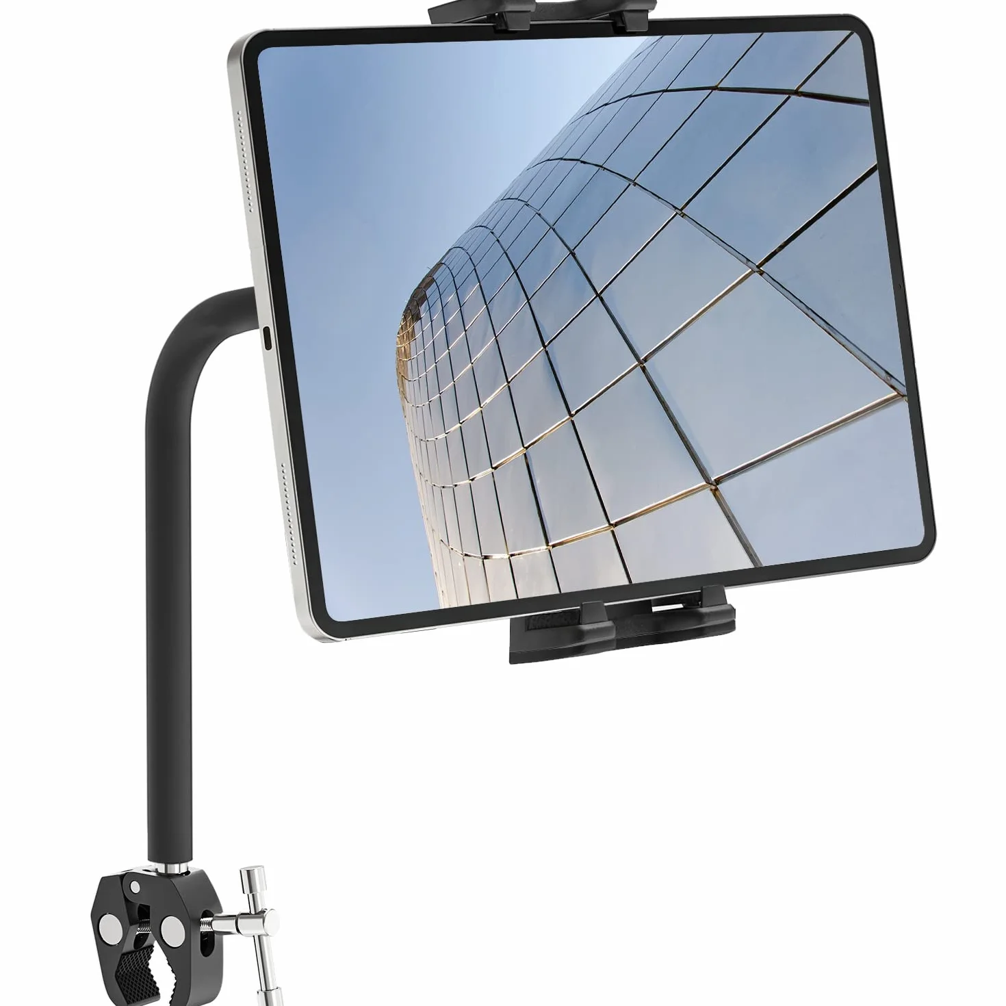 Soporte para tablet de cuello de cisne para bicicleta estática, brazo largo, flexible, soporte para tableta para usar en interiores, gimnasio, giratorio, manubrio de bicicleta, soporte para
