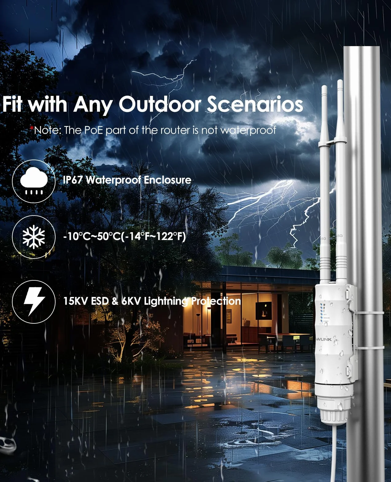 WAVLINK AC1200 Repetidor WiFi Exterior Largo Alcance PoE - Amplificador de Señal Doble Banda 2.4G+5G IP67 Impermeable, Punto de Acceso Outdoor con Antenas Potentes, Ideal para Jardín Piscina Parking