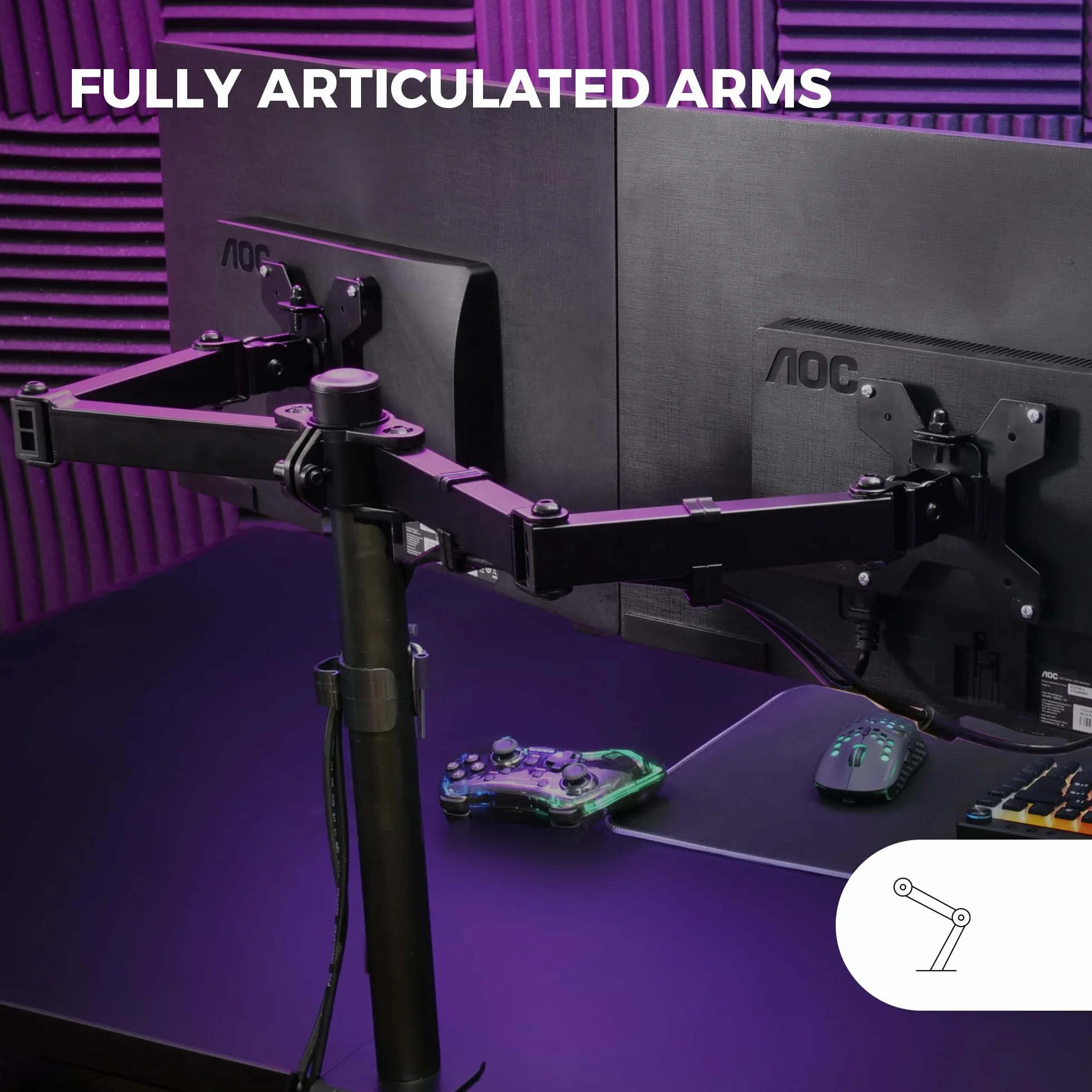 Mars Gaming MARM2 Negro, Soporte de Monitor Dual de Brazo para Pantallas hasta 27”, Articulado y Regulable en Altura, Estructura Robusta, Compatible con VESA75 y VESA100