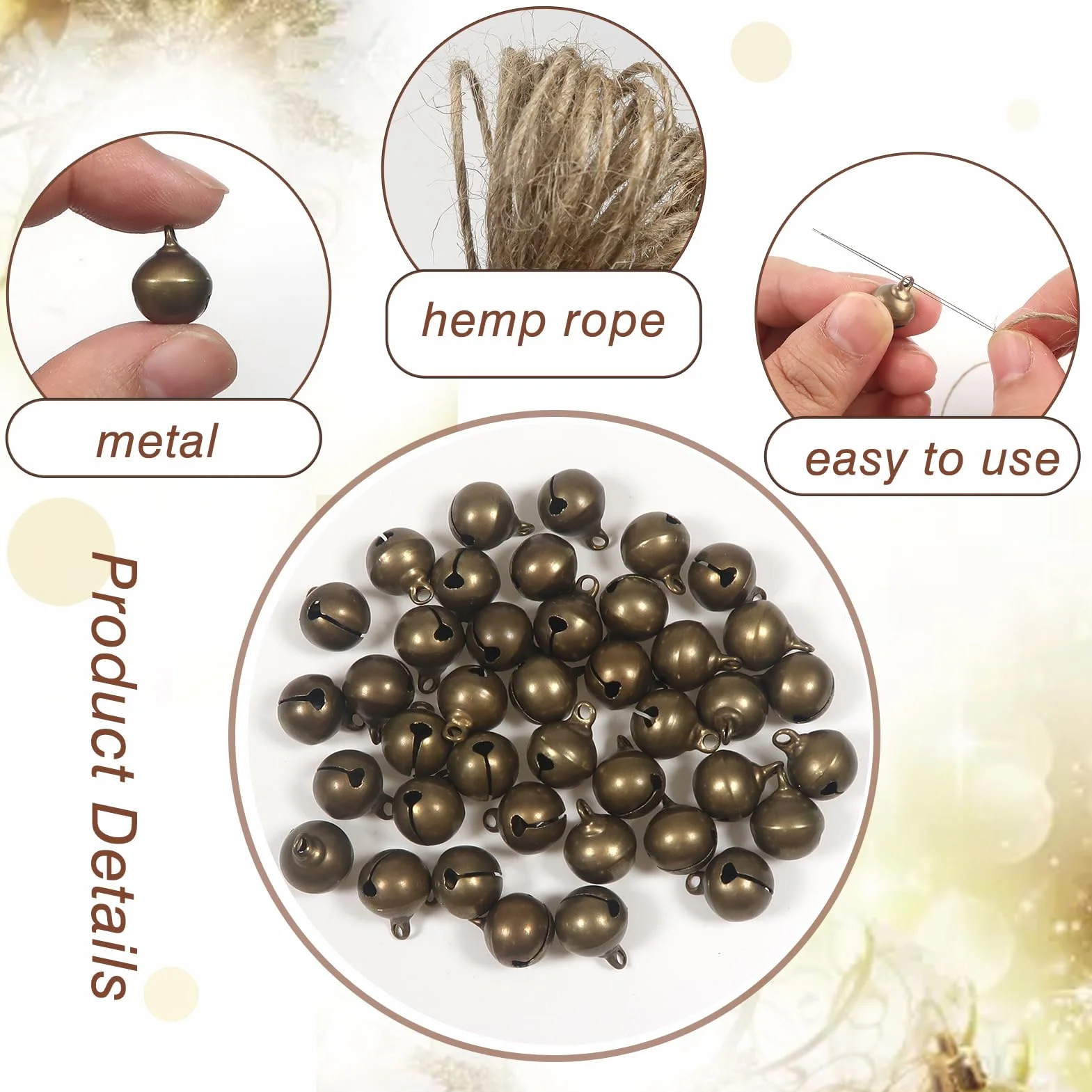 TOAOB 40 Piezas Cascabeles de Bronce Antiguo 12 mm con Cuerda de Cáñamo 5 m para Decoración Creativa