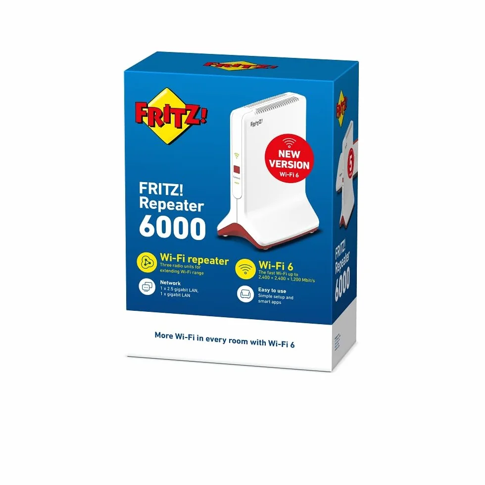 Fritz!Repeater 6000 International - Repetidor/Extensor Wi-Fi 6, Tribanda: (2 x 2.400 Mbps/5 GHz y 1.200Mbps/2,4 GHz), Mesh, Punto de Acceso WiFi, 2 Puertos LAN Gigabit, Interfaz en Español