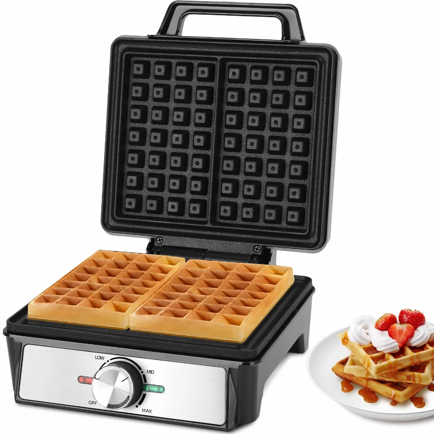Aigostar Gofrera para 2 Gofres 1600W, Placas Hondas Antiadherentes, 20,2x17,2x2 cm, Temperatura Regulable e Indicador LED, Diseño Compacto, Libre de BPA, Acero Inoxidable y Negro, Savory