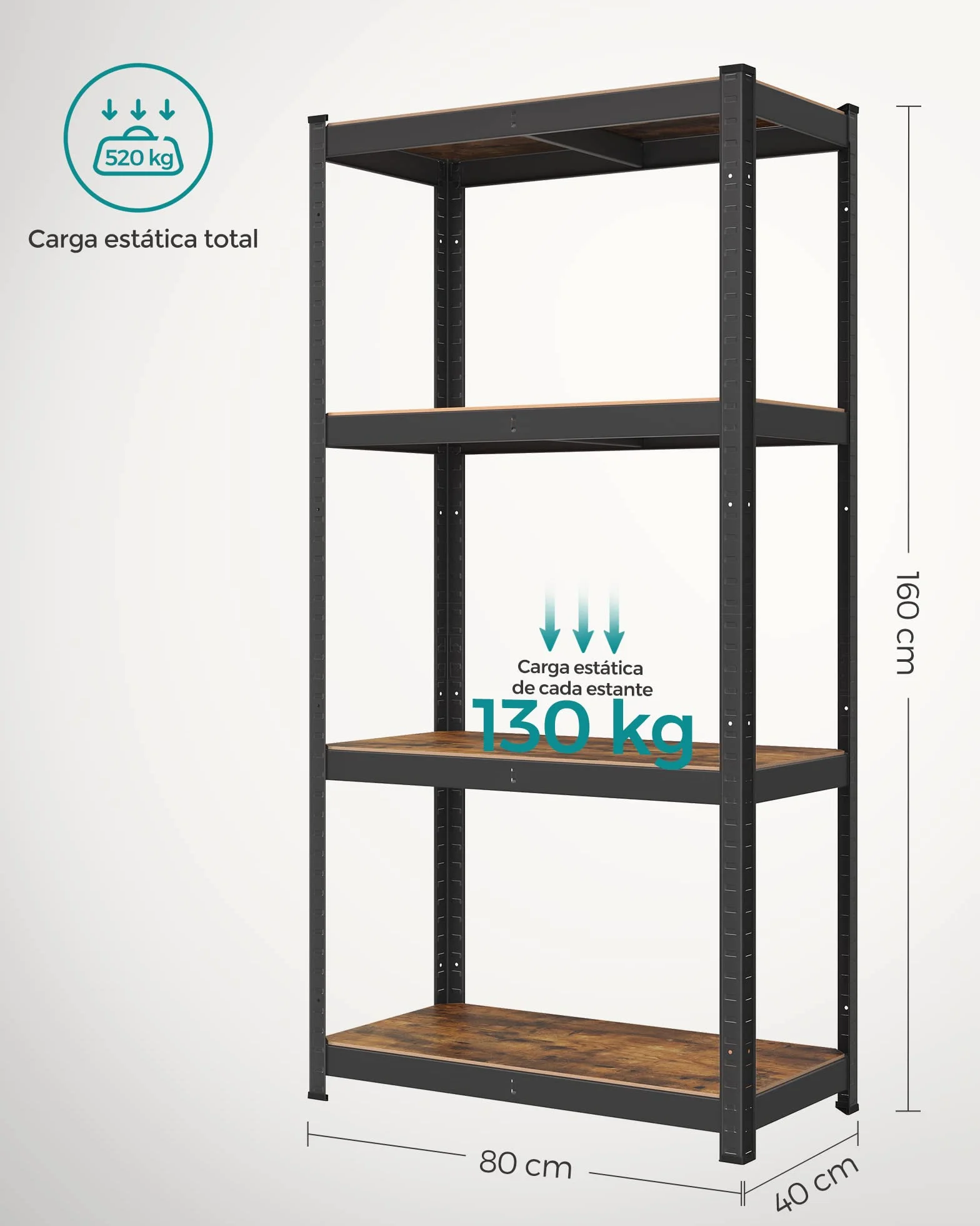 SONGMICS Estantería Industrial 40x80x160 cm 520 kg Ajustable Almacenamiento Marrón y Negro