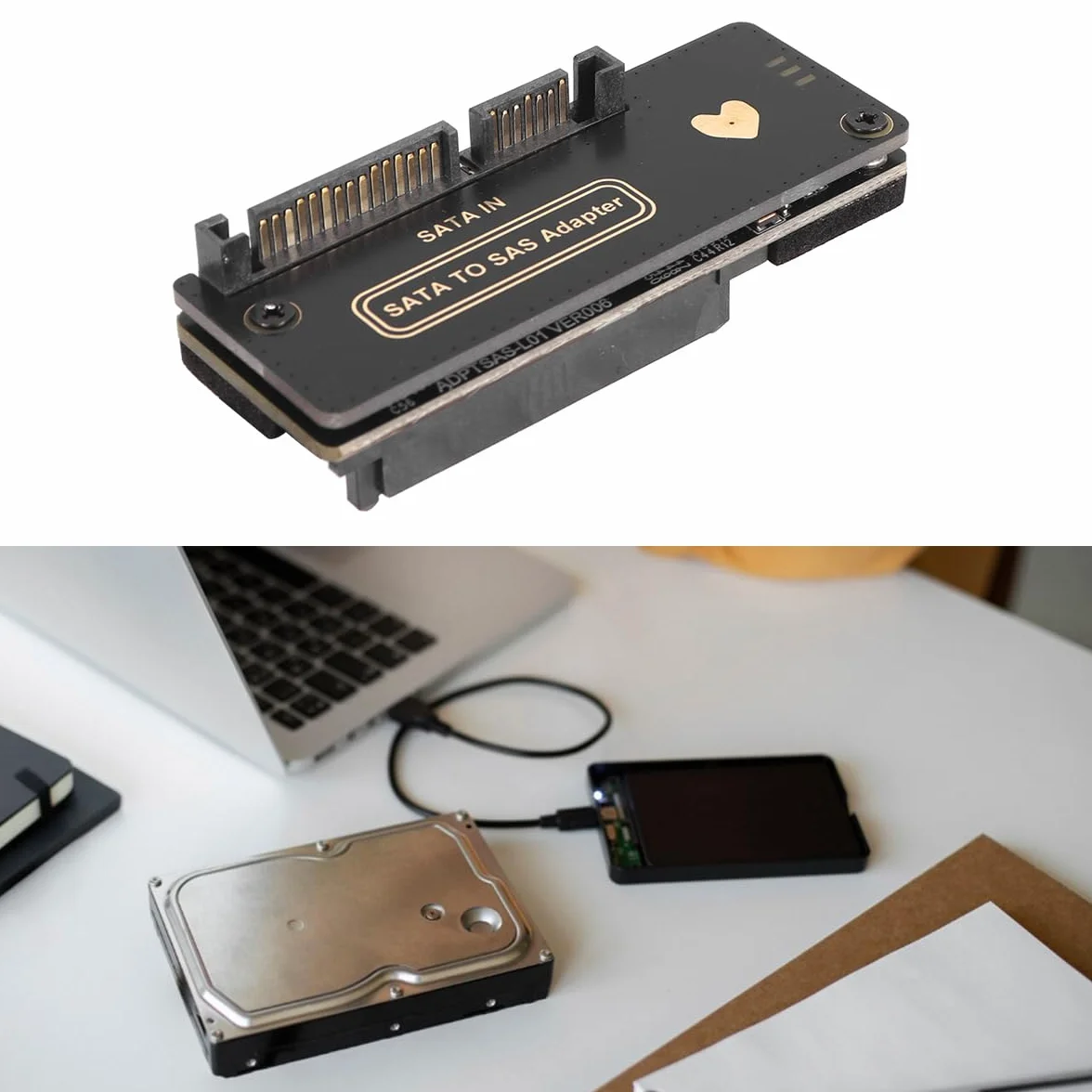 Adaptador RAID SFF-8482 SAS de 29 pines a SATA de 22 pines (7+15) para discos duros, con tarjeta, conector de alimentación y chipset.