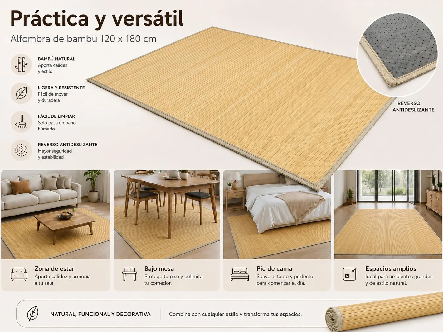 HERSIG Alfombra Bambú Antideslizante Tatami 120 x 180 cm