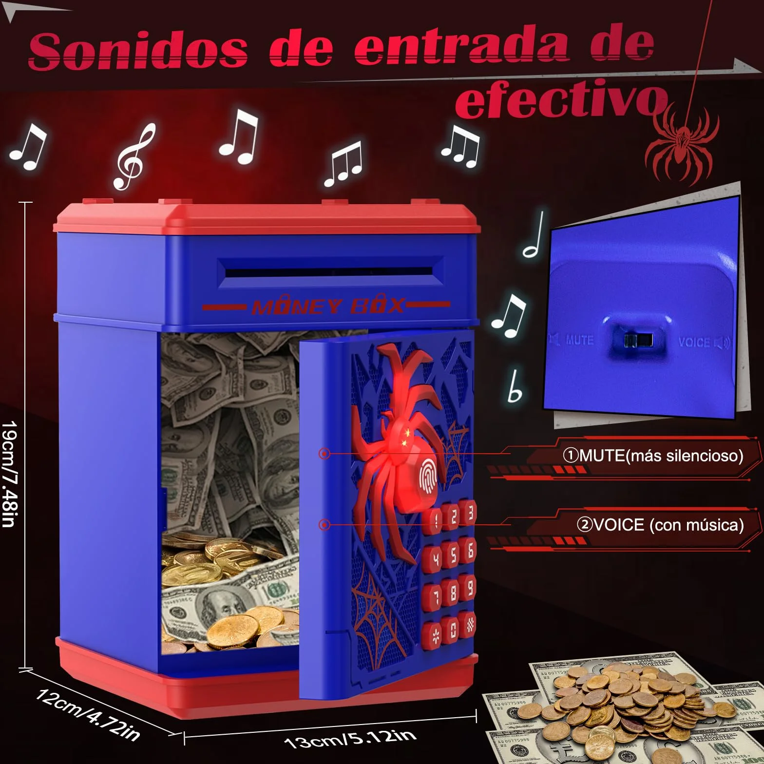 Yellcetoy Hucha Electrónica para Niños, Spider Caja Fuerte con Código de Seguridad y Música, Regalos 3-7+ Años Azul