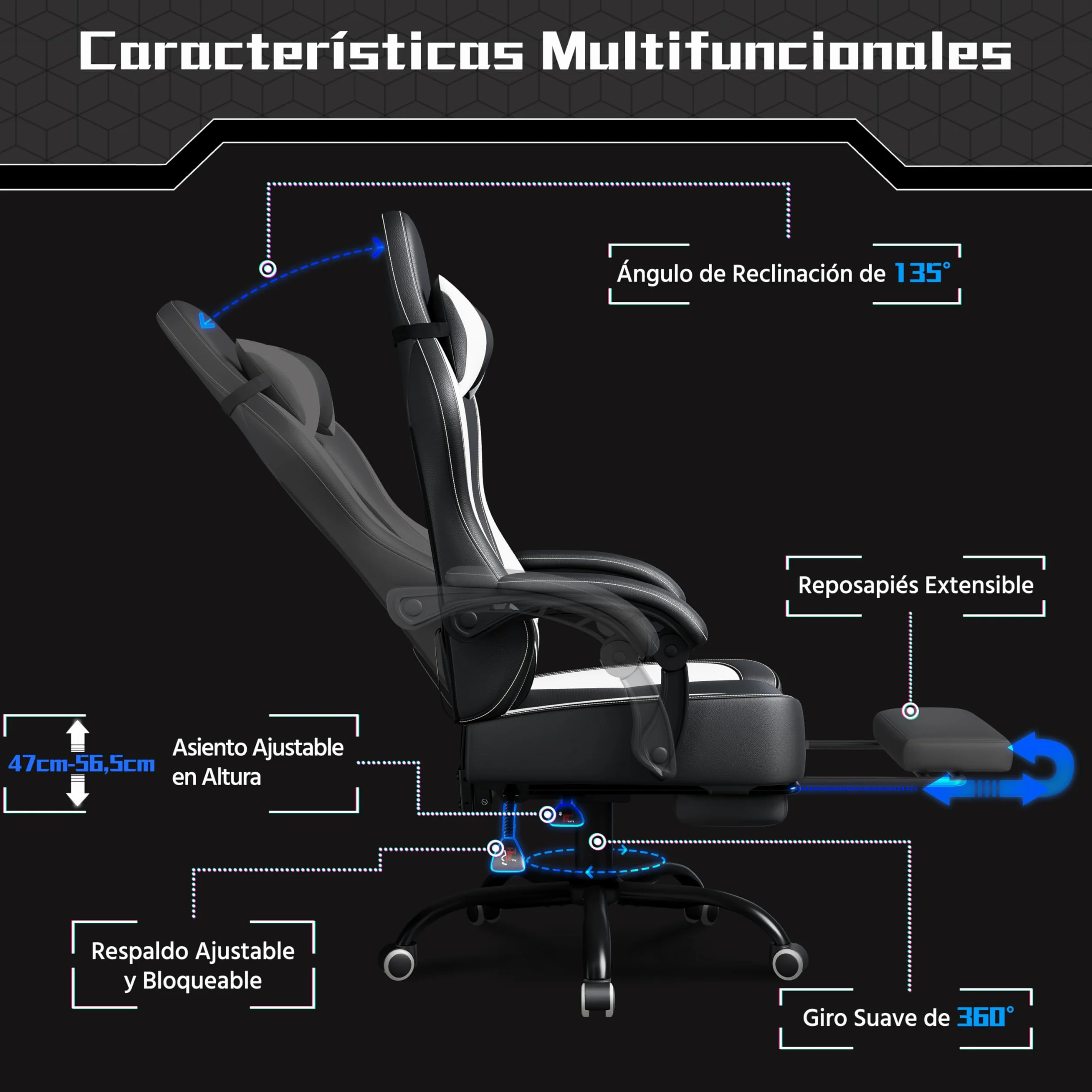 Yaheetech Silla Gaming Ergonómica con Respaldo Alto, Masaje Lumbar, Reposacabezas y Reposapiés, Ajustable, Negra/Blanca