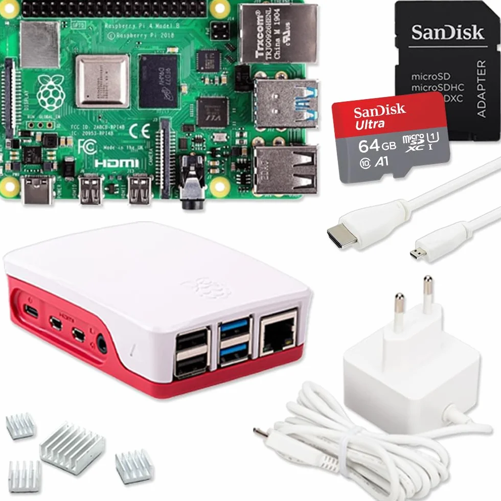 Raspberry Pi 4 4 GB / 8 GB Starter Kit | 64 GB SD tarjeta | Fuente de alimentación USB-C de 15 W | Carcasa | Cable Micro HDMI 4K | Juego de disipador de calor (4 GB de RAM)