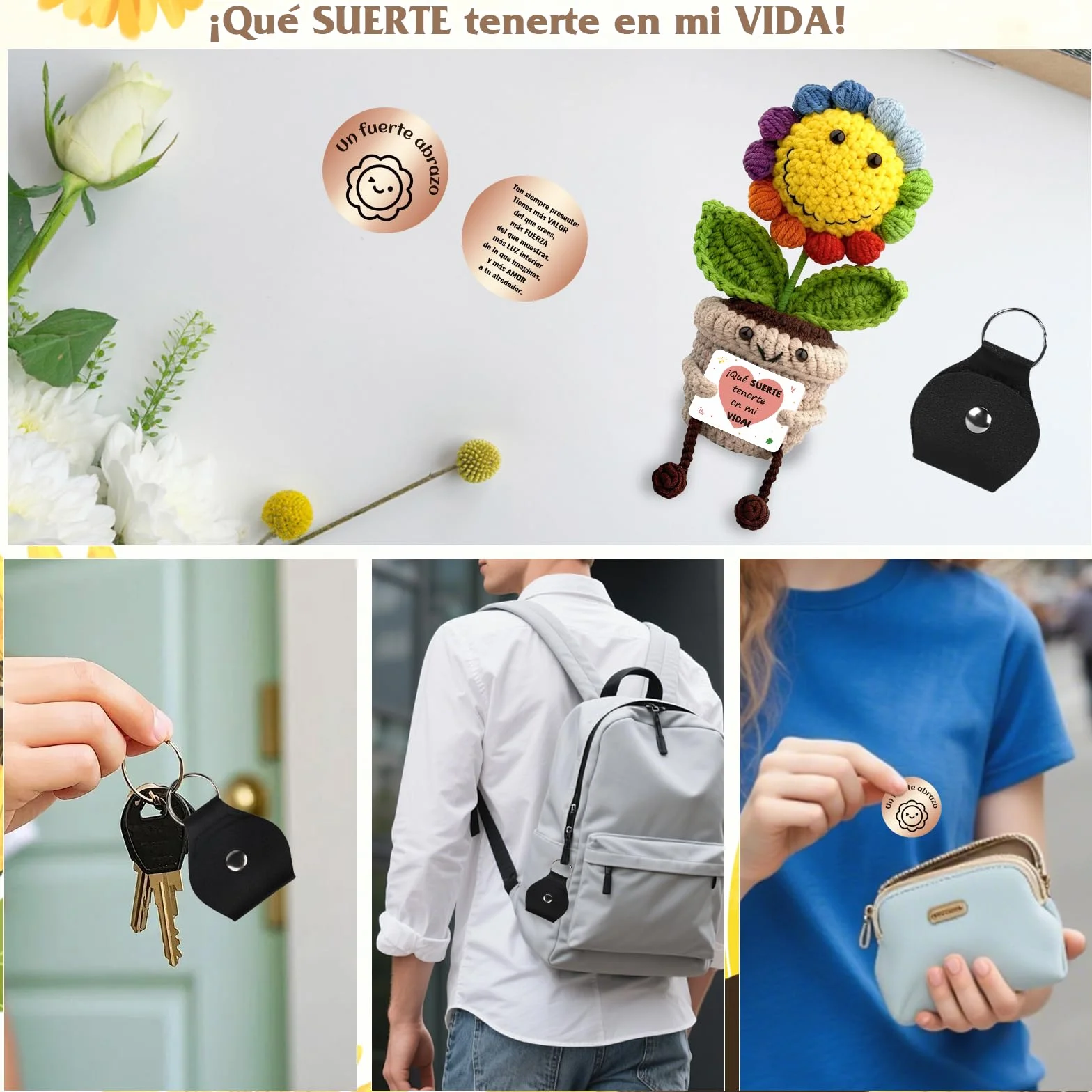Girasol Crochet con Mensaje Positivo Regalo Original para Mujer Flores Amuletos Suerte Peluche Motivacional