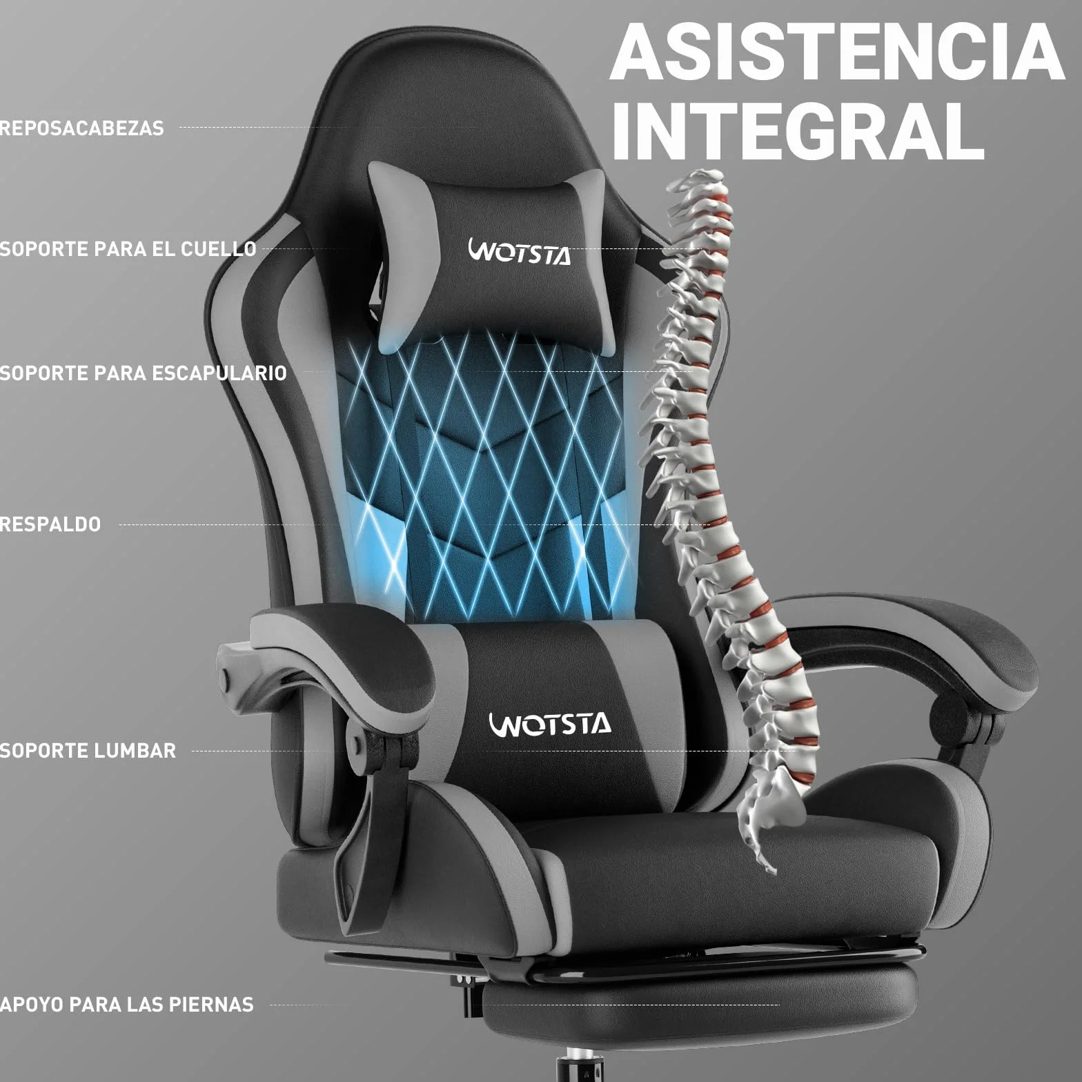 Silla Gaming Ergonómica con Reposapiés, Altura Regulable, Respaldo Abatible, Masaje, Reposacabezas, 120 kg