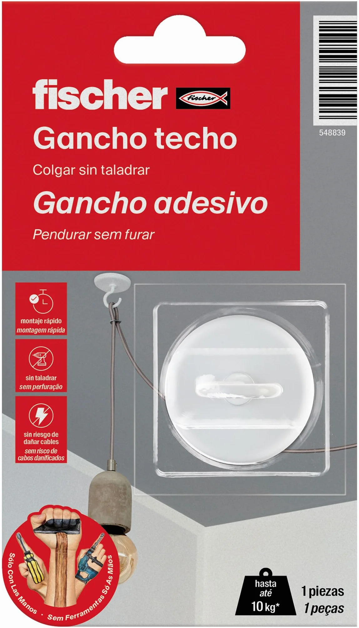 fischer Gancho Techo Adhesivo Pared Blanco 10 kg Resistente al Agua Incluye Pegamento