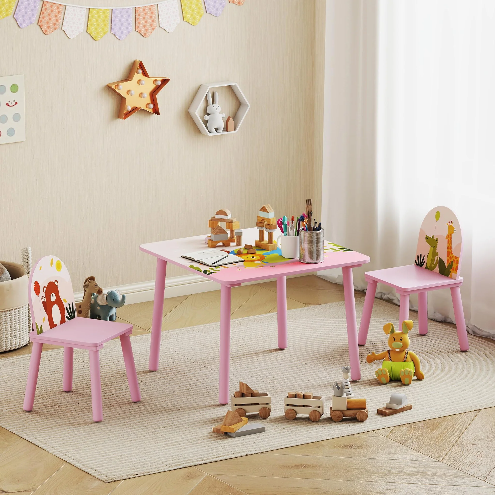 AIYAPLAY Mesa Infantil con 2 Sillas, Estampados de Animales, para Niños 3-8 Años, Hogar, Guardería, Rosa