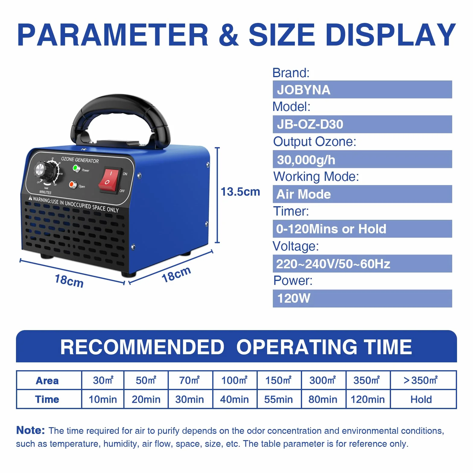 JOBYNA Generador de Ozono 30,000mg/h O3 Purificador de Aire Industrial con Temporizador