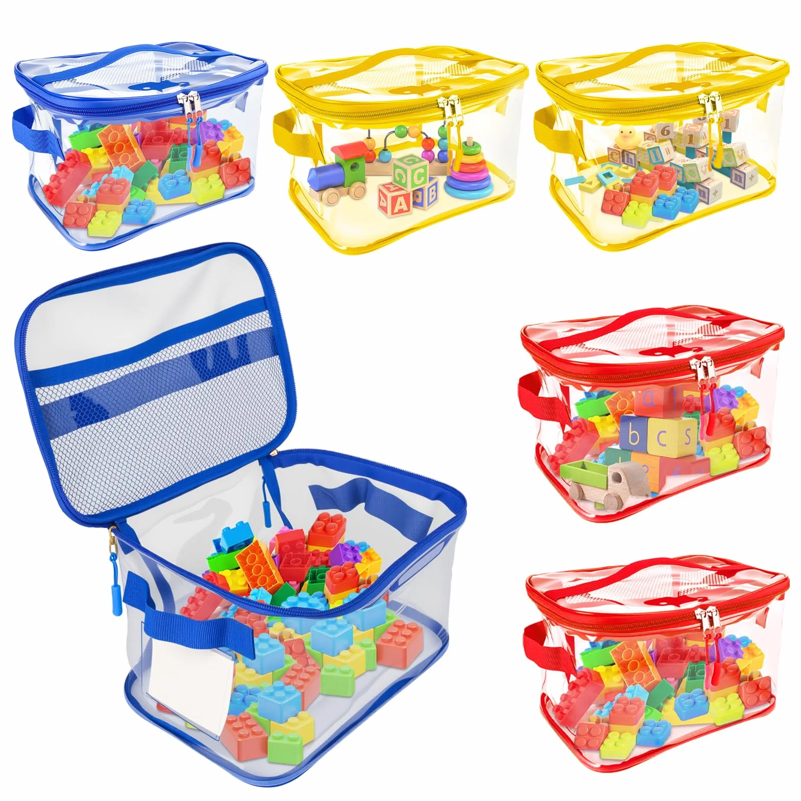 6 bolsas de almacenamiento de juguetes, bolsas de almacenamiento impermeables de PVC transparente con doble cremallera, contenedor con asa, bolsa de aseo de viaje reutilizable, organizador de juguetes
