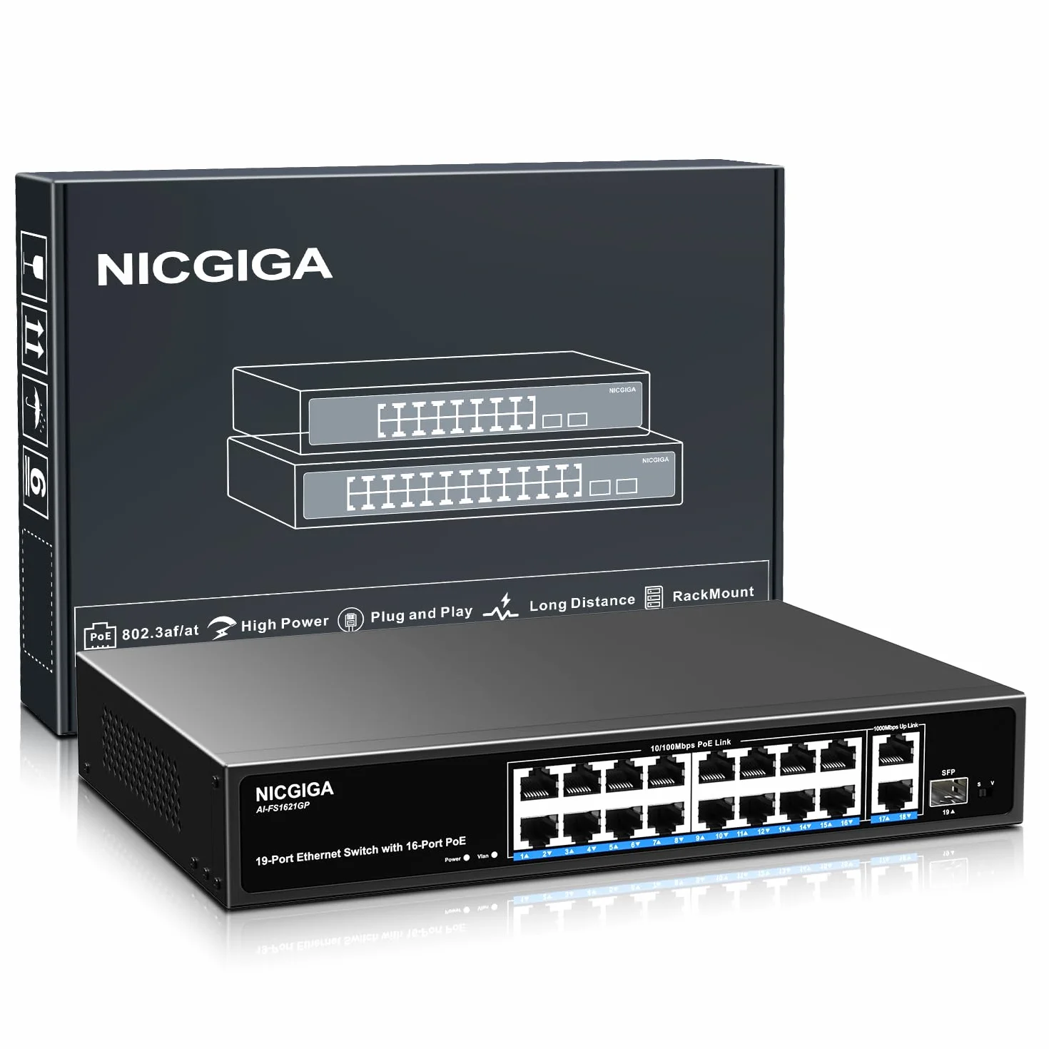 Conmutador PoE de 16 Puertos no administrado,16 Puertos PoE a 250W,2 Puertos de Enlace Ascendente Gigabit,1 Puerto SFP,conmutador de Red NICGIGA de 19 Puertos con alimentación a través de Ethernet