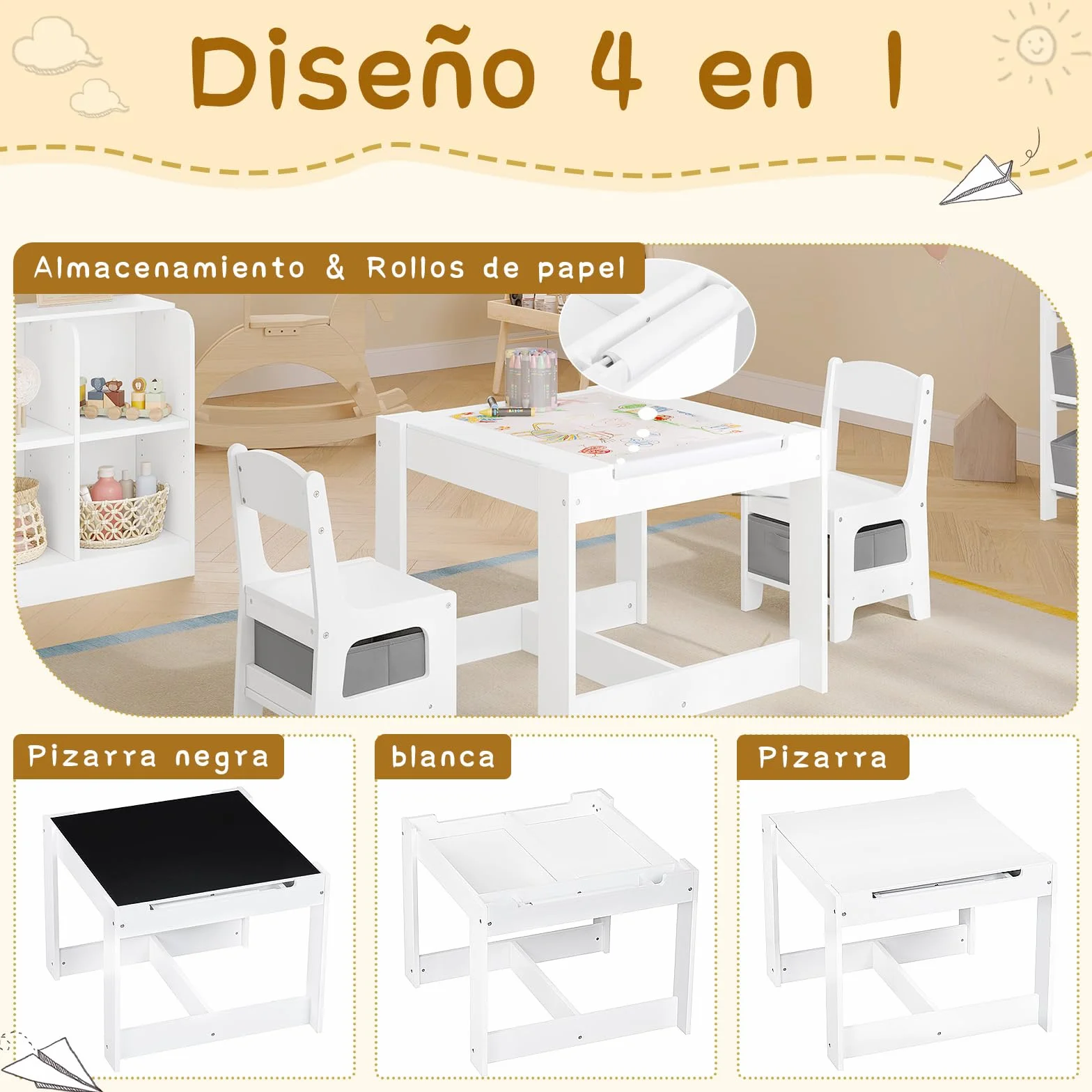 Juego de Mesa y 2 Sillas para Niños de Madera con Almacenamiento, Escritorio Reversible Blanco con Pizarra y Rodillo de Papel